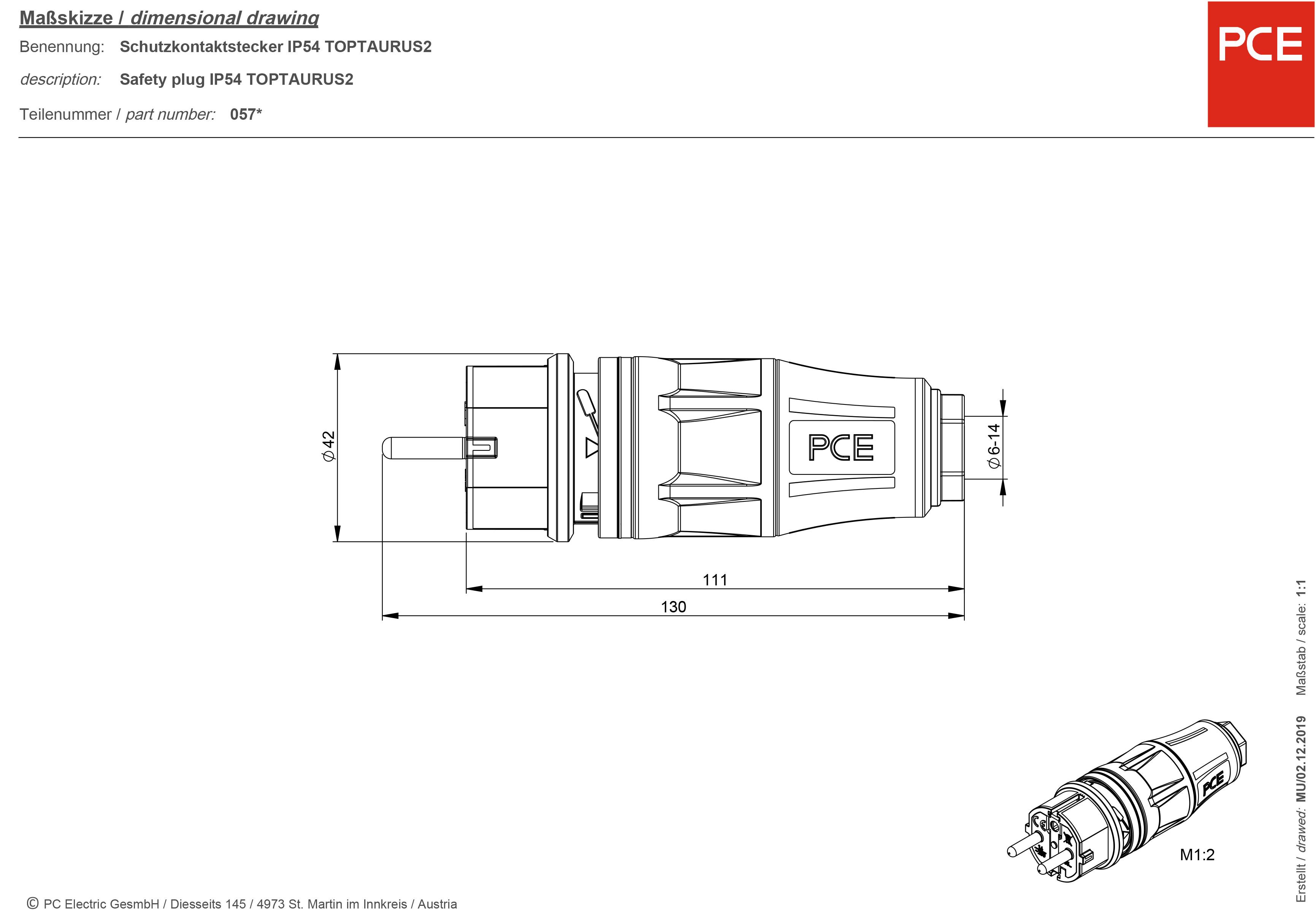 'A TOPTAURUS2 típusú, IP54-es védőérintkezős dugó méretrajza, hossza 130 mm, átmérője 64/41 mm.'