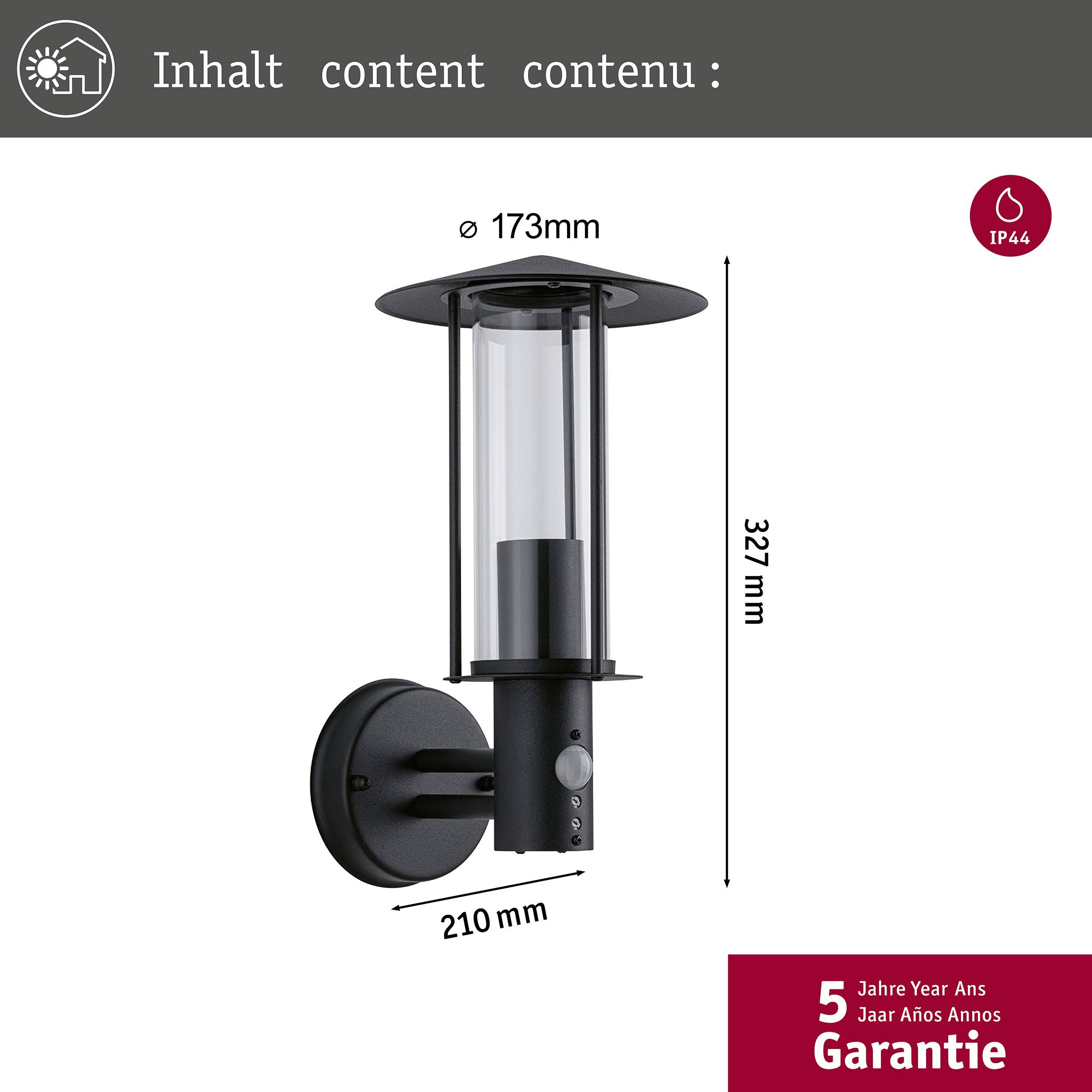 Fekete kültéri fali lámpa érzékelővel. Méret: 173 mm szélesség, 327 mm magasság, 210 mm mélység. IP44 védettségi fokozat, 5 év garancia.