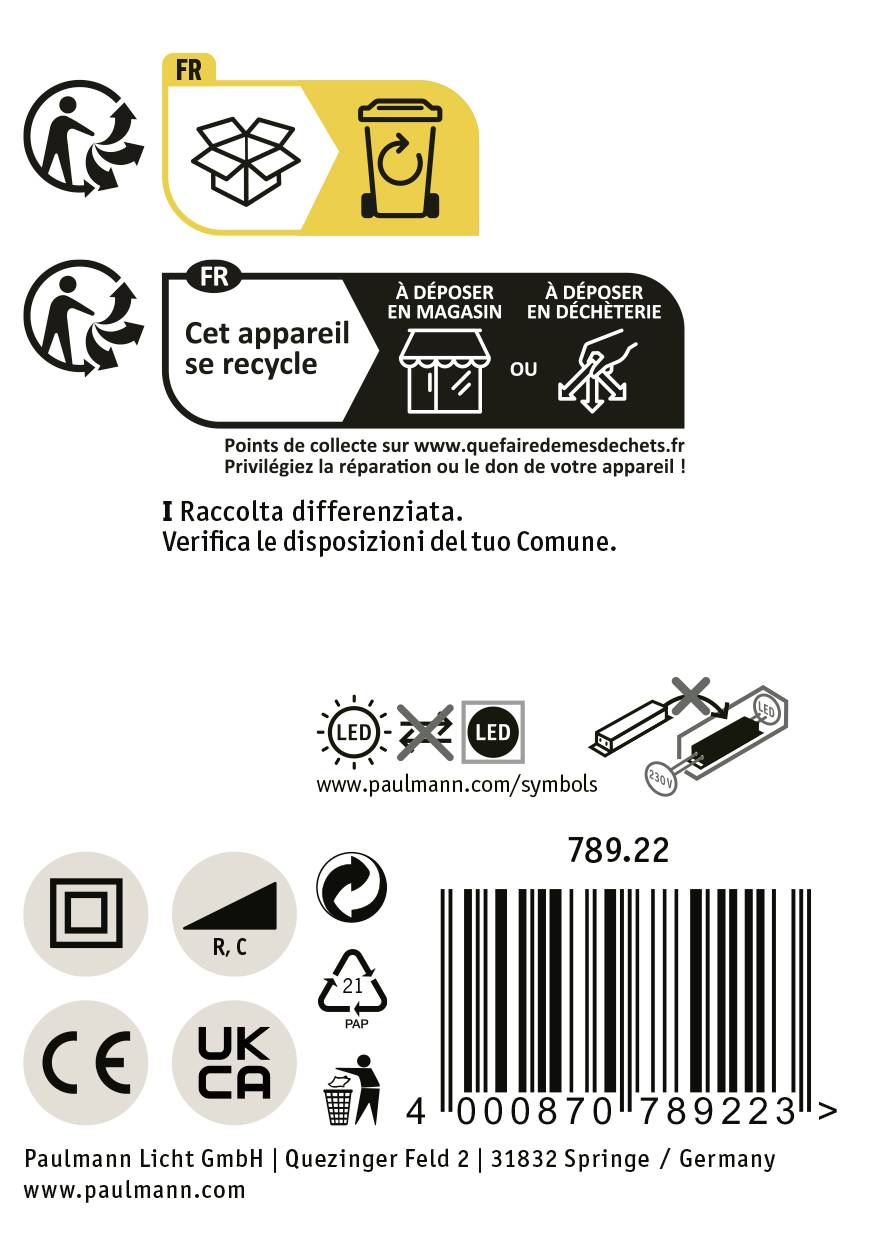 Ez a készülék újrahasznosítható, és olyan szimbólumok találhatók rajta, amelyek az újrahasznosítási útmutatóra, valamint a LED-kompatibilitásra utalnak. Gyártói információk lent találhatók.