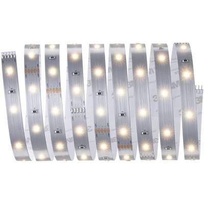 LED-fénysáv meleg fehér fényekkel, rendszeresen elhelyezve egy rugalmas, ezüst szalag alapon.