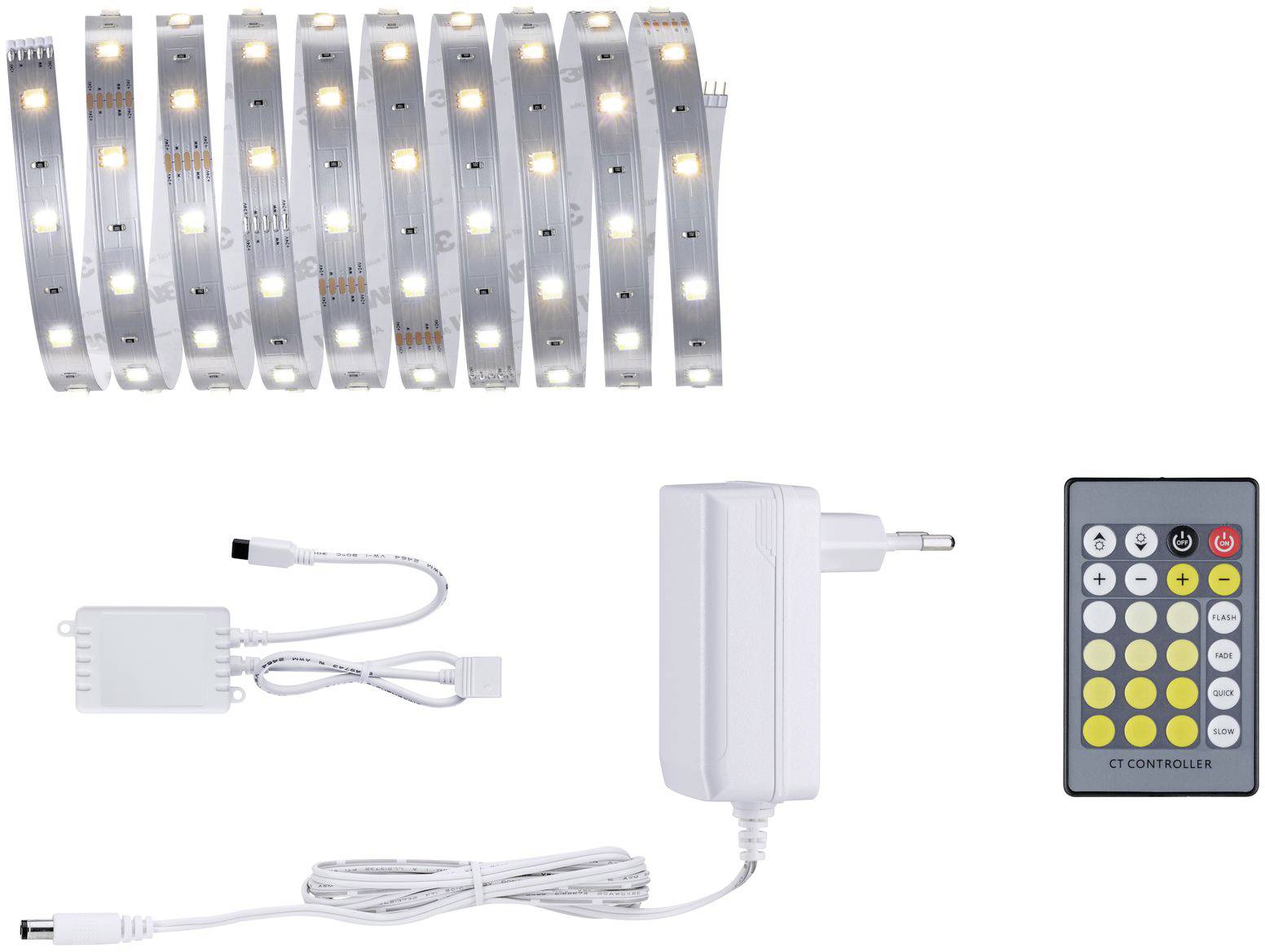 LED-fénycsík szett távirányítóval, tápegységgel és csatlakozódarabbal. Több világítási módot és csatlakozási lehetőséget tartalmaz.