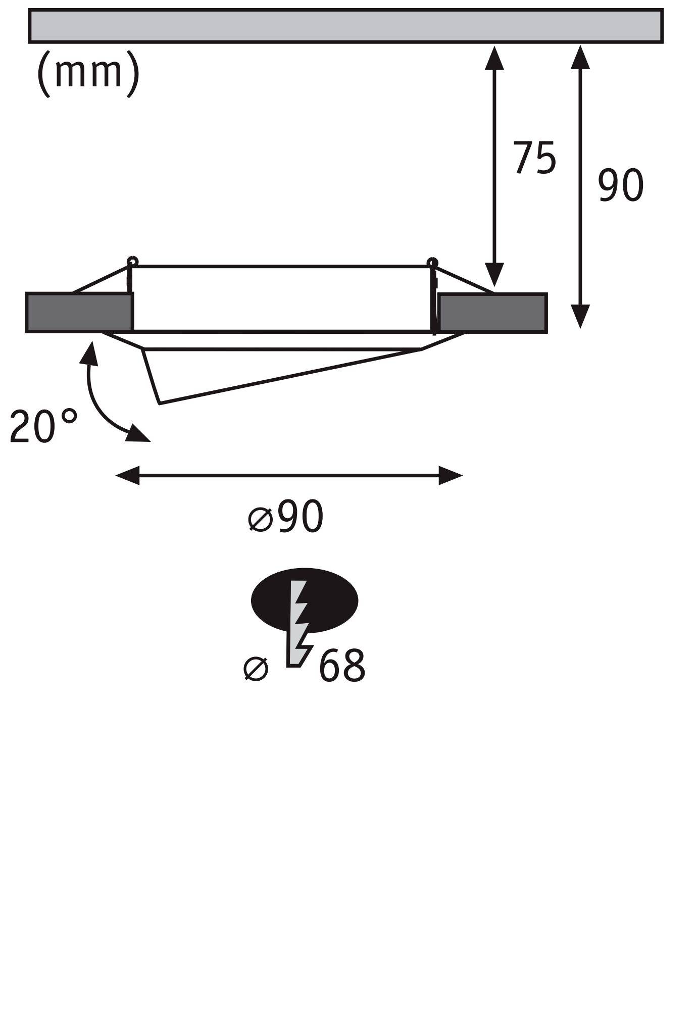 Mennyezeti rögzítés diagramja: 75 mm és 90 mm méreteket mutat, 20°-os dőlésszöggel, Ø90 és Ø68 átmérőjű szimbólummal.