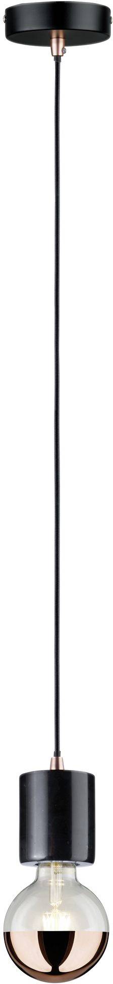 Egy minimalista függőlámpa hosszú fekete kábellel és réz színű foglalattal.