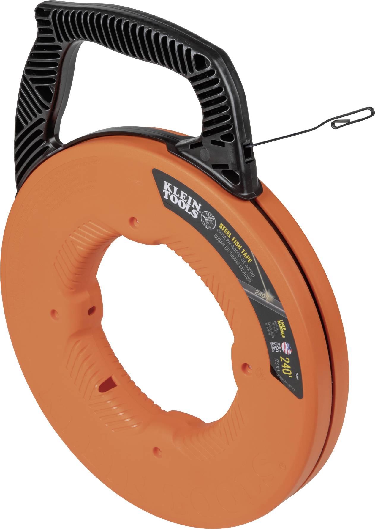 Egy narancssárga és fekete markolatú kábelbehúzó szerszám a Klein Tools gyártótól, amely szűk terek kábelvezetésére szolgál.