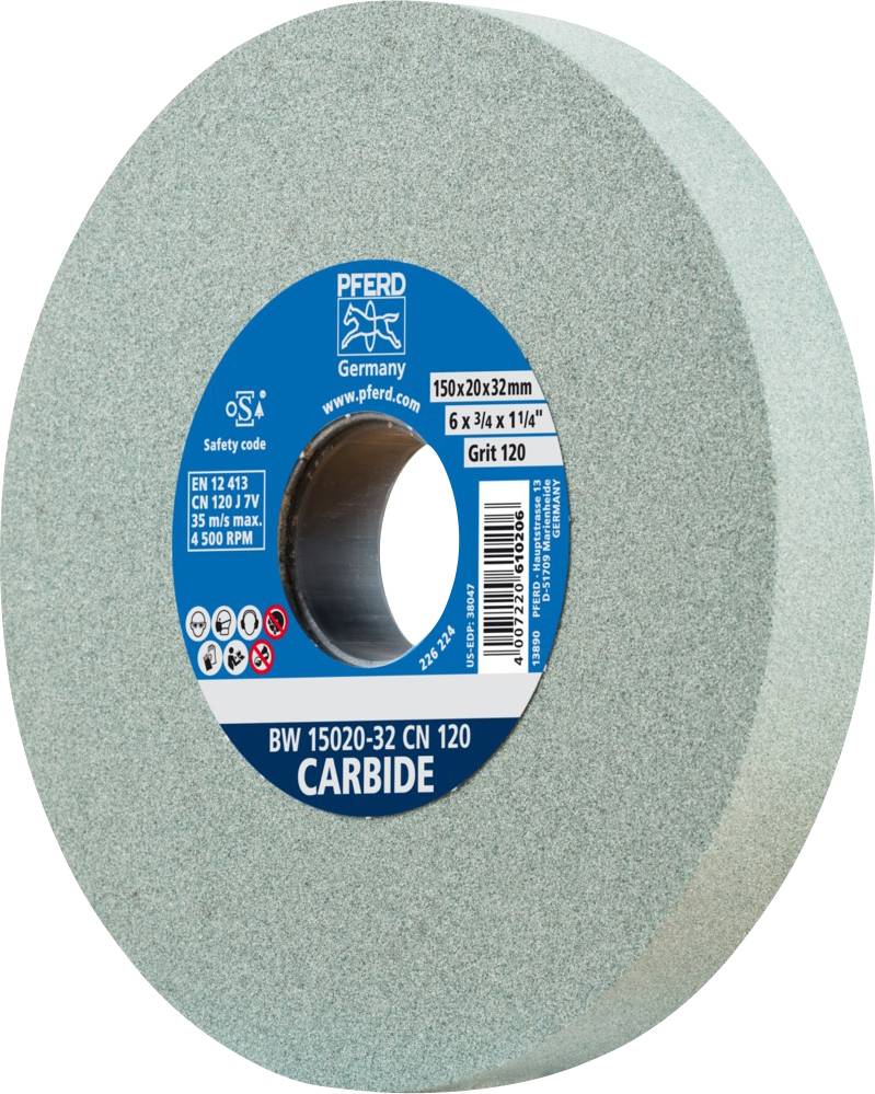 Zöld felületű csiszolótárcsa, gyártó PFERD. Címke specifikációkkal: átmérő 150 mm, szélesség 20 mm, szemcseméret 120.