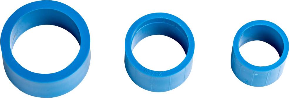 Három kék műanyag kapcsológyűrű, balról jobbra csökkenő méretben, fehér háttér előtt.