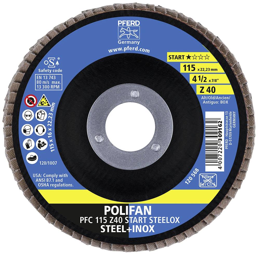 'PFERD Polifan PFC 115 Z40 START' csiszolótárcsa, 115 mm átmérőjű, acélhoz és rozsdamentes acélhoz, alkalmas maximum 13.300 ford./perc fordulatszámig.