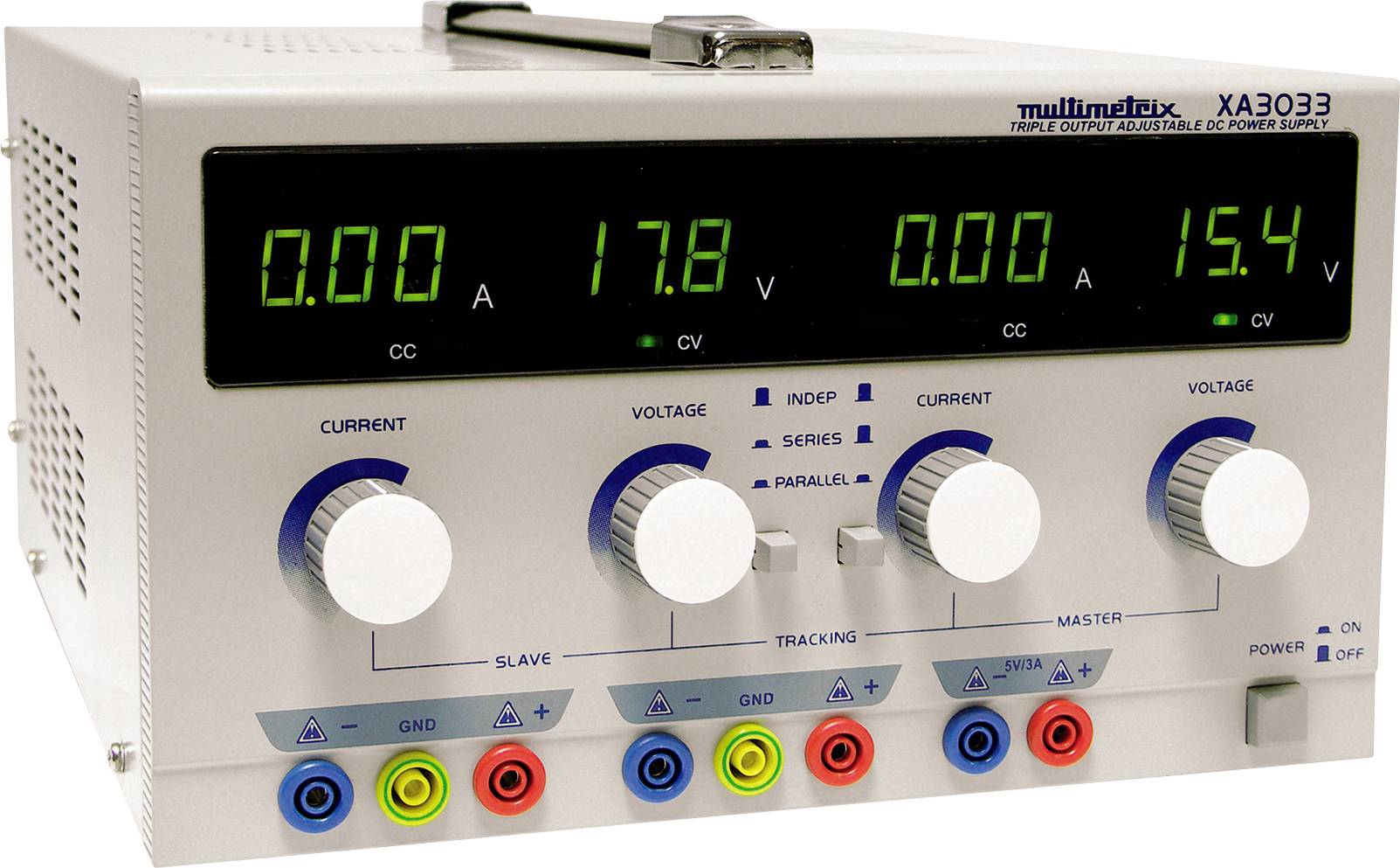 Multimetrix XA 3033 Labortápegység, szabályozható Kalibráció (ISO) 0 - 30 V 0 mA - 3 A Kimenetek száma 3 x
