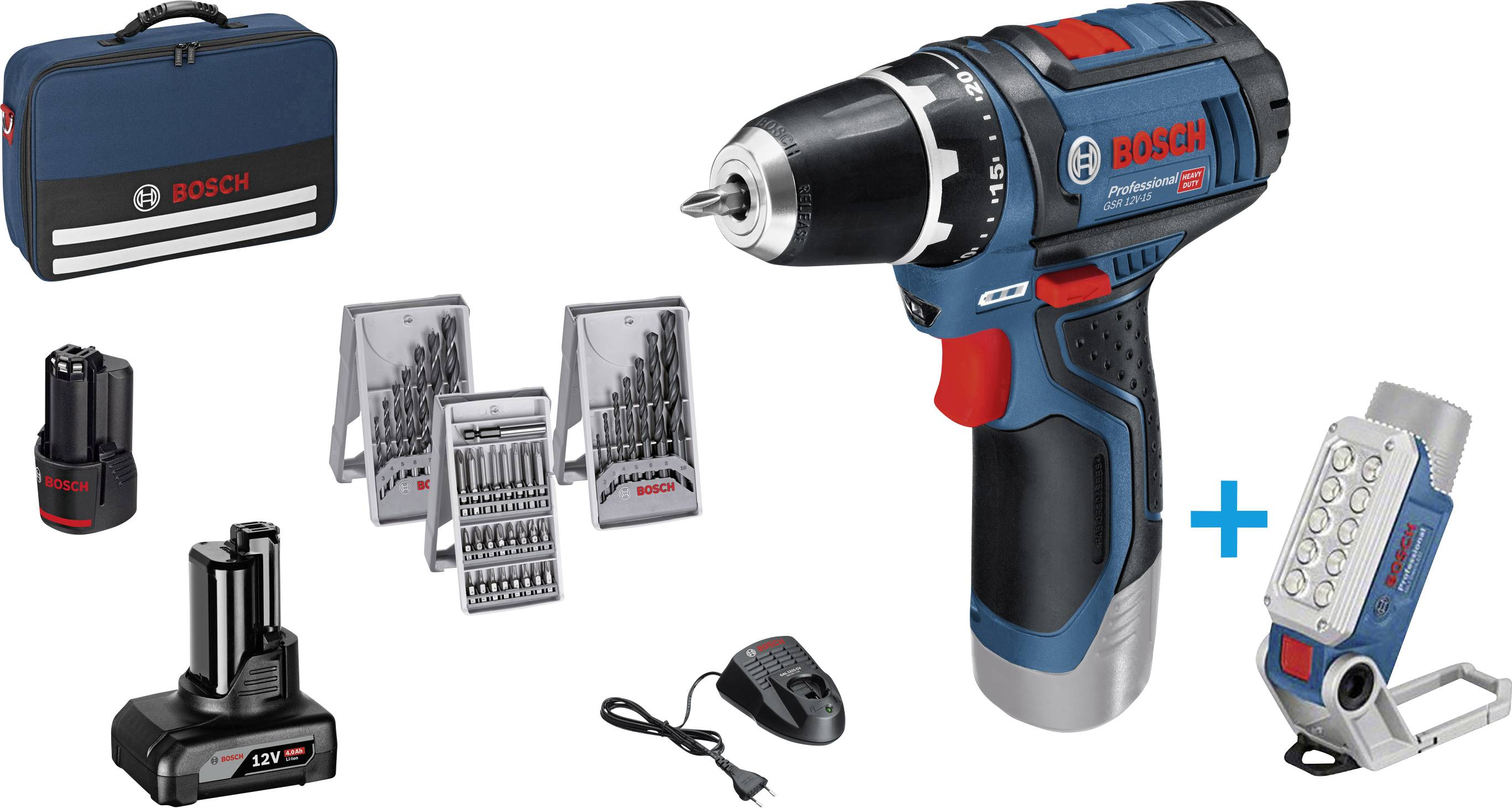 Bosch Professional GSR 12V-15 + GLI DeciLED Akkus fúrócsavarozó 12 V 2 Ah, 4 Ah Lítiumion akkus lámpával, 2. akkuval, Tartozékokkal, Táskával