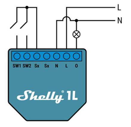 A Shelly 1L huzaldiagramja: Váltóáramú csatlakozás L és N vezetékkel. Kapcsoló és izzólámpa szimbólumának ábrázolása elektromos áramkörökben.