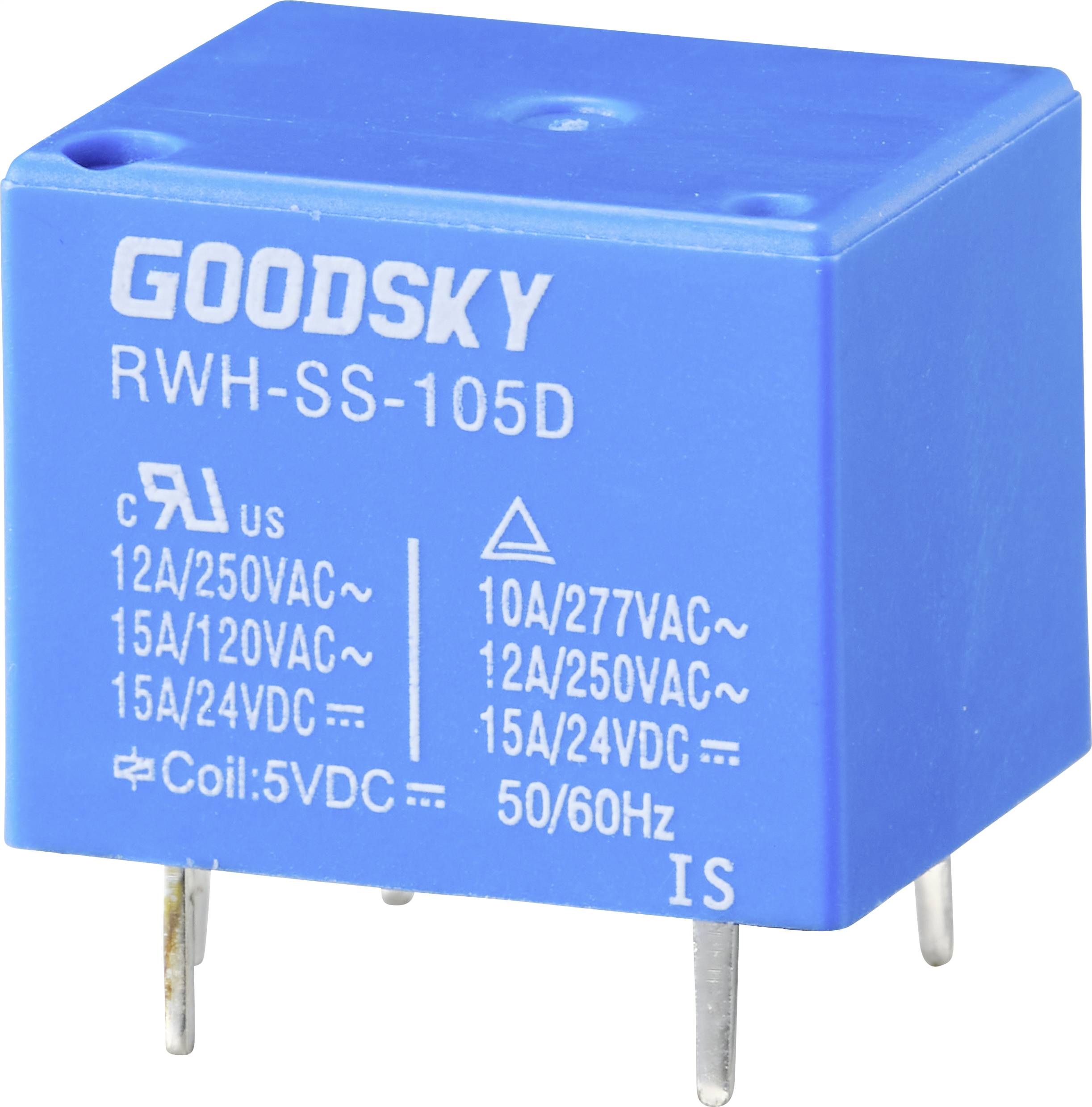 Kék relé "GOODSKY RWH-SS-105D" felirattal, elektromos terhelhetőségi műszaki adatokkal és különböző feszültségekre vonatkozó specifikációkkal.
