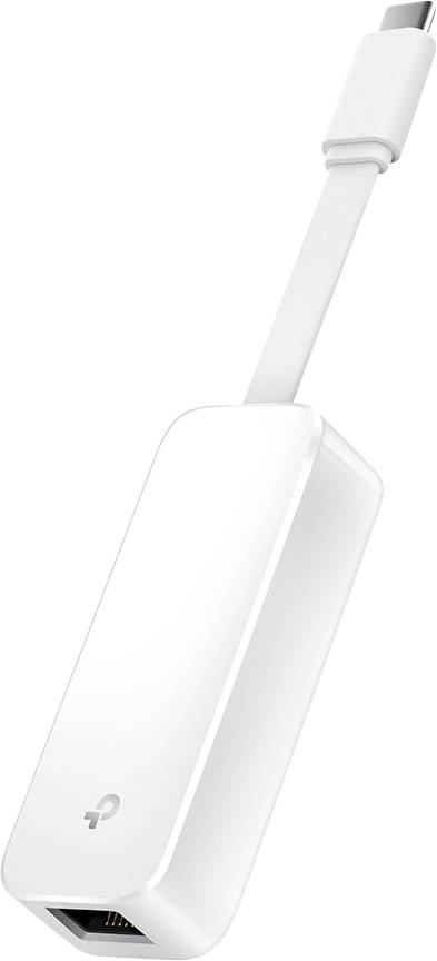 Egy fehér USB-C–Ethernet-adapter, amely vezetékes internetkapcsolatot biztosít az Ethernet-csatlakozóval nem rendelkező eszközök számára.