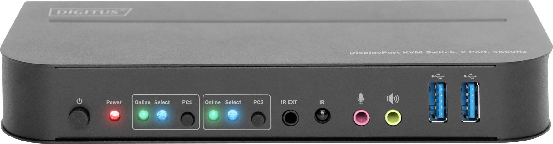 Egy KVM-kapcsoló elöl lévő csatlakozókkal, amelyek között két USB 3.0-port, audió- és mikrofonbemenetek, LED-jelzőfények és kezelőgombok találhatók.