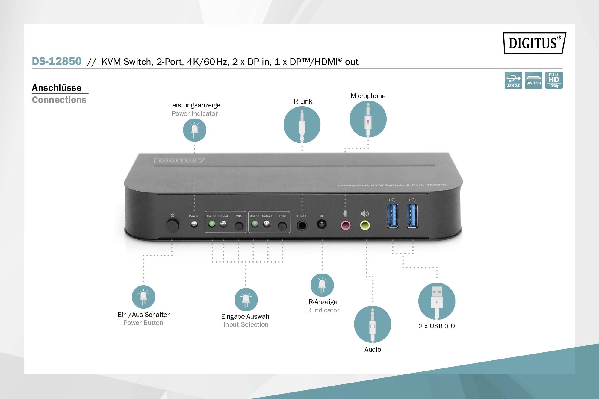 'DIGITUS DS-12850 KVM-kapcsoló 2 porttal; Csatlakozók: Teljesítményforrás, IR-link, mikrofon, be-/kikapcsoló, beviteli állapot, 2 USB 3.0, audió.'