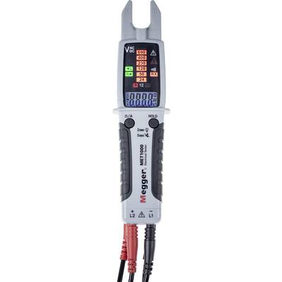 Megger MET1000 feszültségvizsgáló LED-kijelzővel, amely 12V és 690V közötti feszültségeket jelez. Két szonda csatlakoztatva piros és fekete kábelekkel.