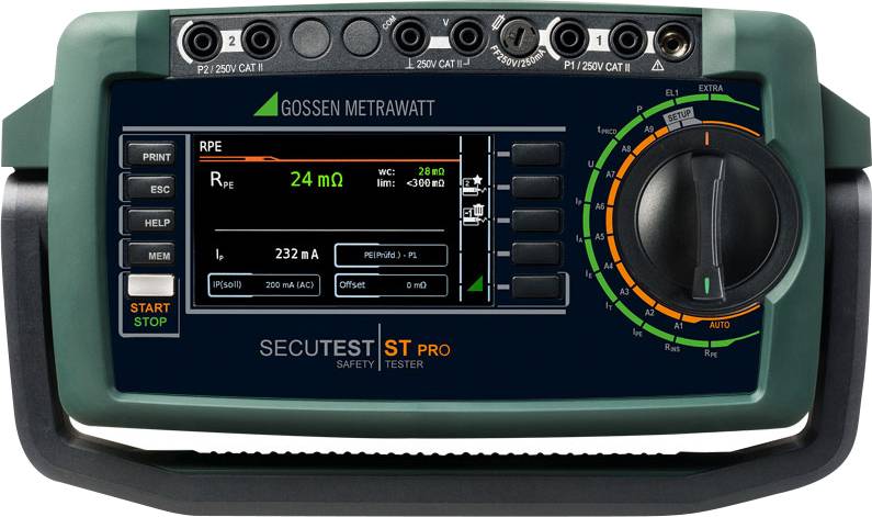 Gossen Metrawatt Secutest ST Pro eszköz elektromos biztonság ellenőrzéséhez. A kijelzőn ellenállás- és áramméréseket mutat.