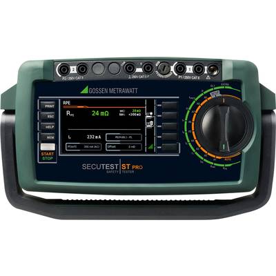 Gossen Metrawatt Secutest ST Pro eszköz elektromos biztonság ellenőrzéséhez. A kijelzőn ellenállás- és áramméréseket mutat.