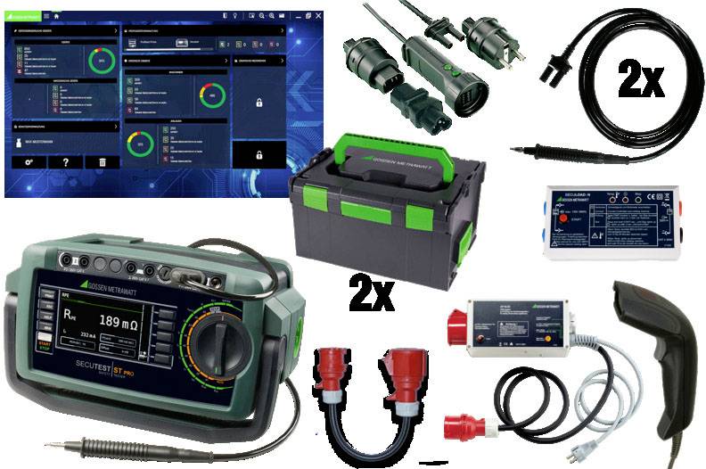 Egy elektronikai szett, amely egy tesztelőkészülékből, töltőből, kábelekből és adapterekből áll. A tartozékok alkalmasak tesztelési tevékenységekhez.