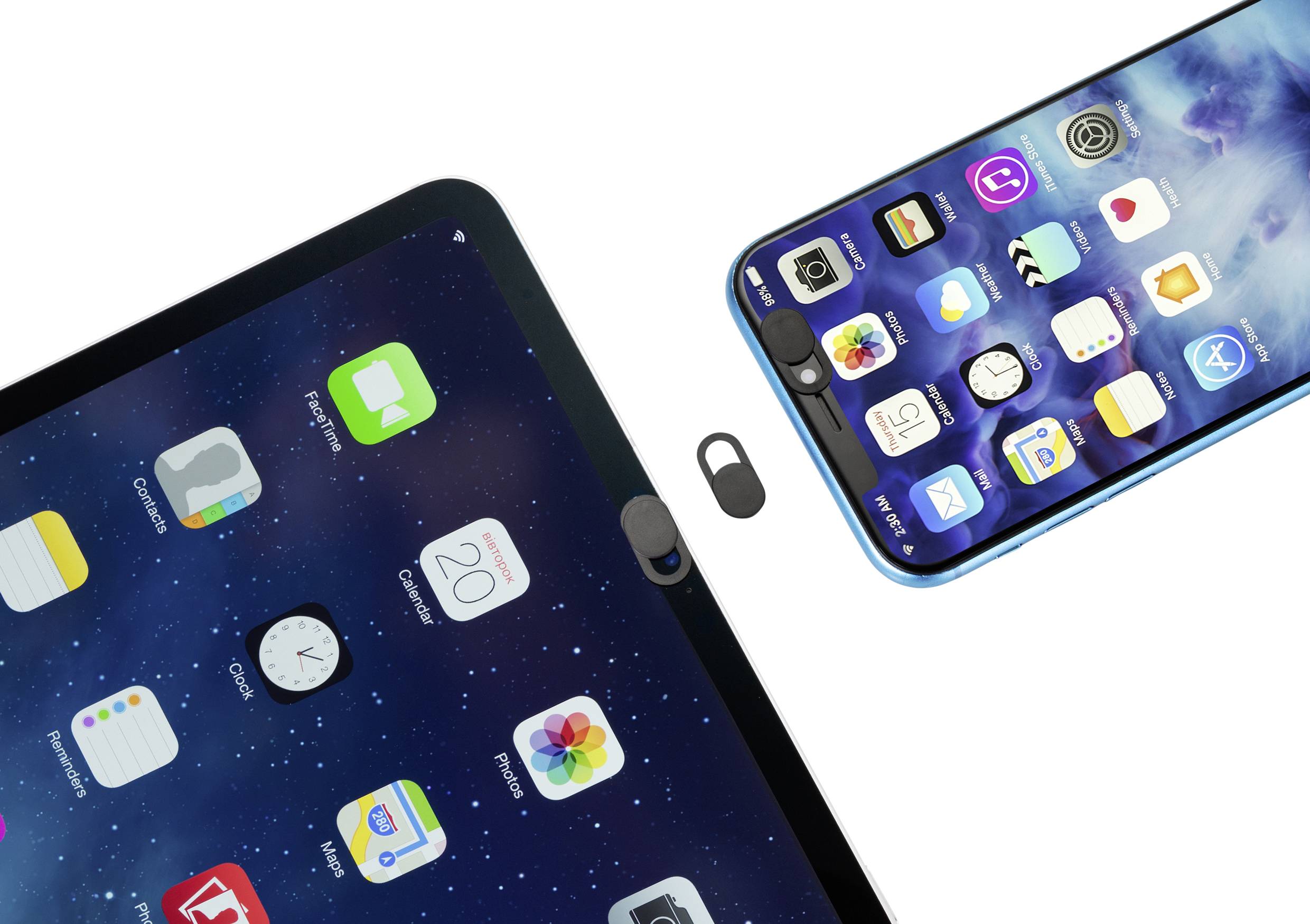 Két digitális eszköz, egy tablet és egy okostelefon, alkalmazásokat jelenít meg a képernyőjén; mindkettőnek hasonló felületterve van.