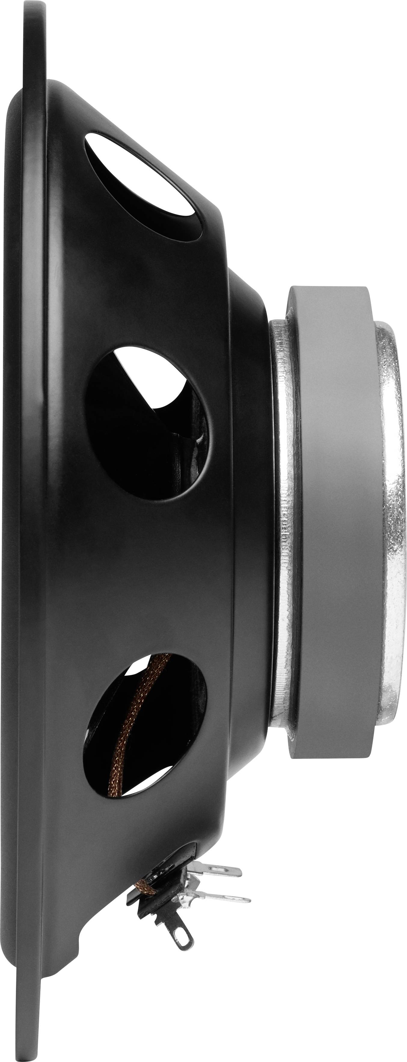 Fekete hangszóró oldalnézetben, láthatóak a doboz szerkezete és a csatlakozók.