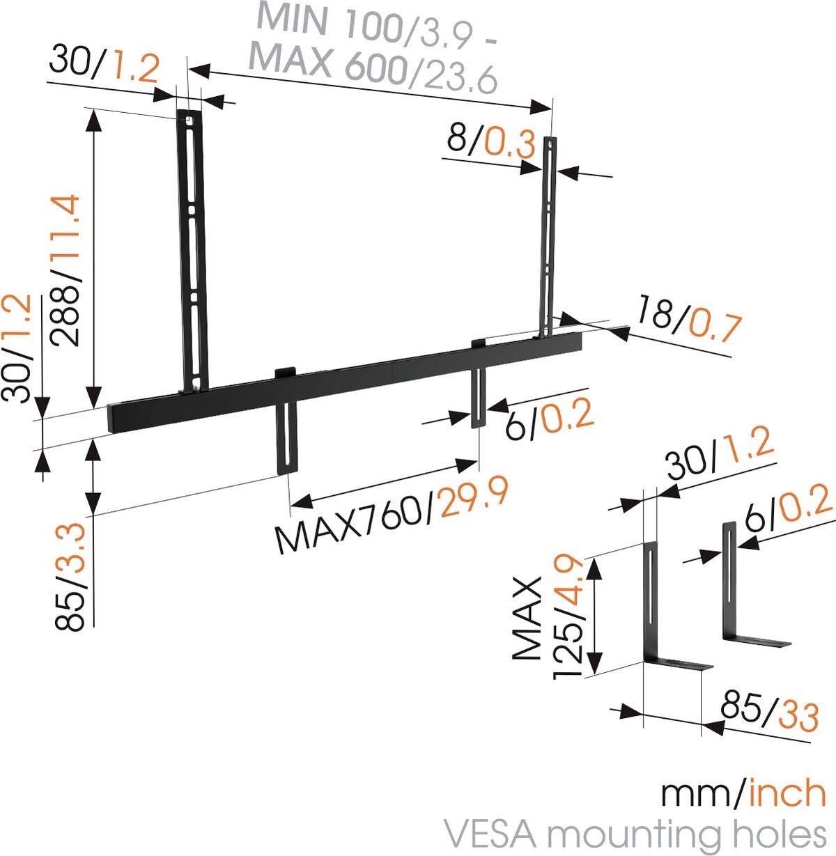 Fali tartókonzol: Magassági tartomány MIN 100-600 mm, MAX 760 mm. Oldalsó tartás 85 mm. VESA-szerelőfuratok megjelölve, méretezés mm/inch-ben.