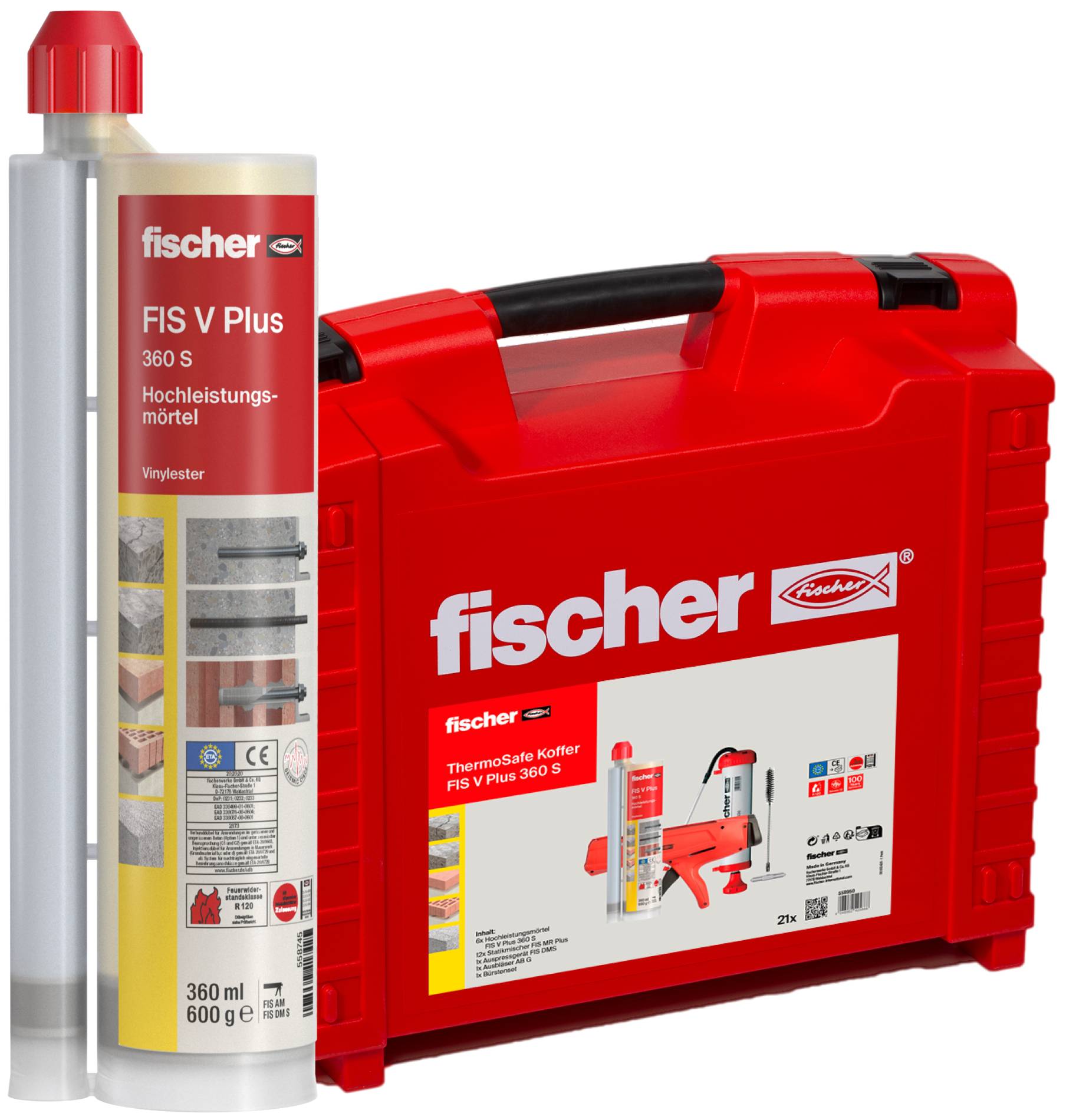 A Fischer FIS V Plus 360 S injekciós habarcs patron keverő fúvókával egy piros Fischer szállítótáska mellett.