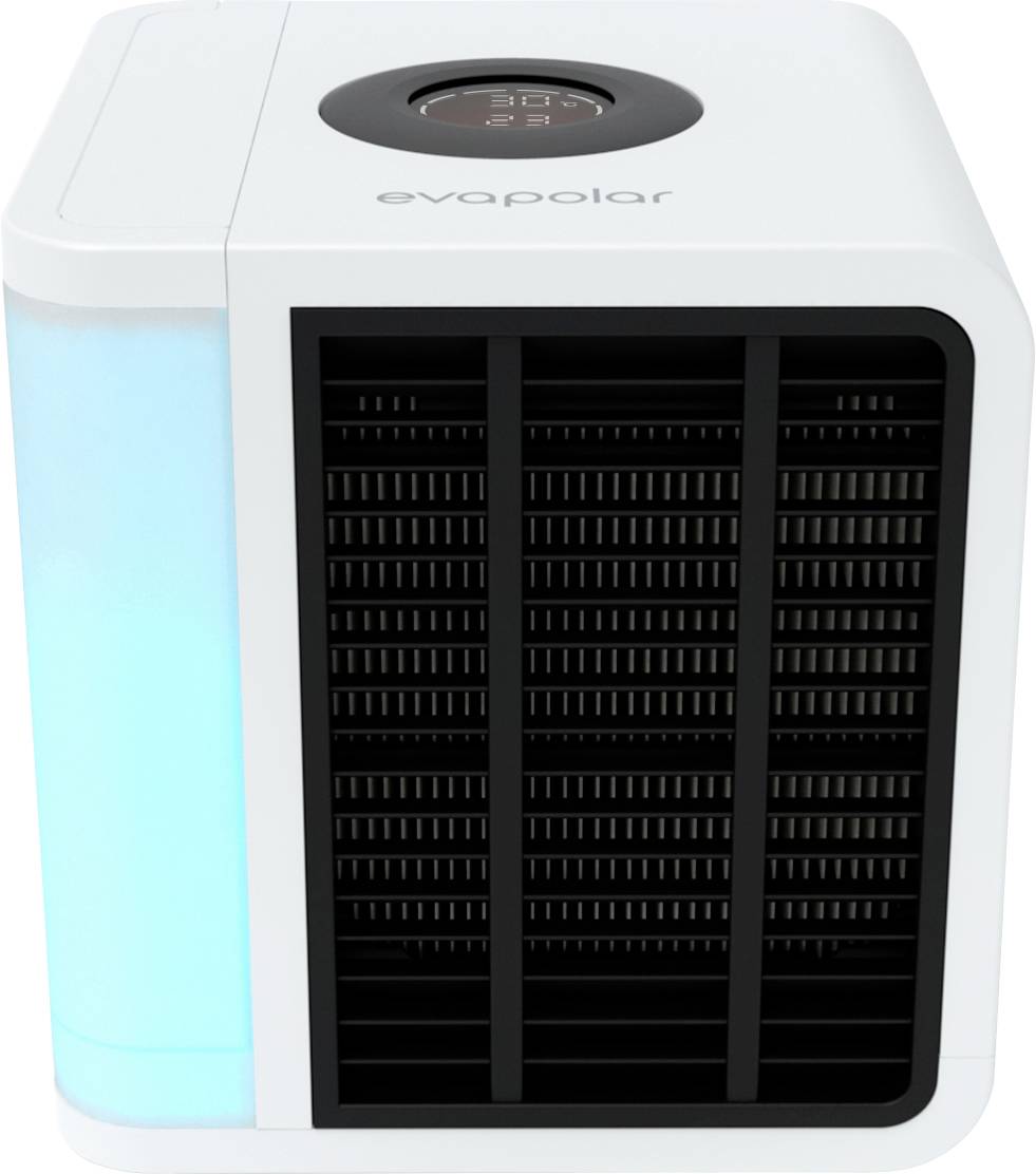 Kompakt fehér légkondicionáló, bal oldalán megvilágított víztartállyal és elöl fekete ventilátorráccsal.