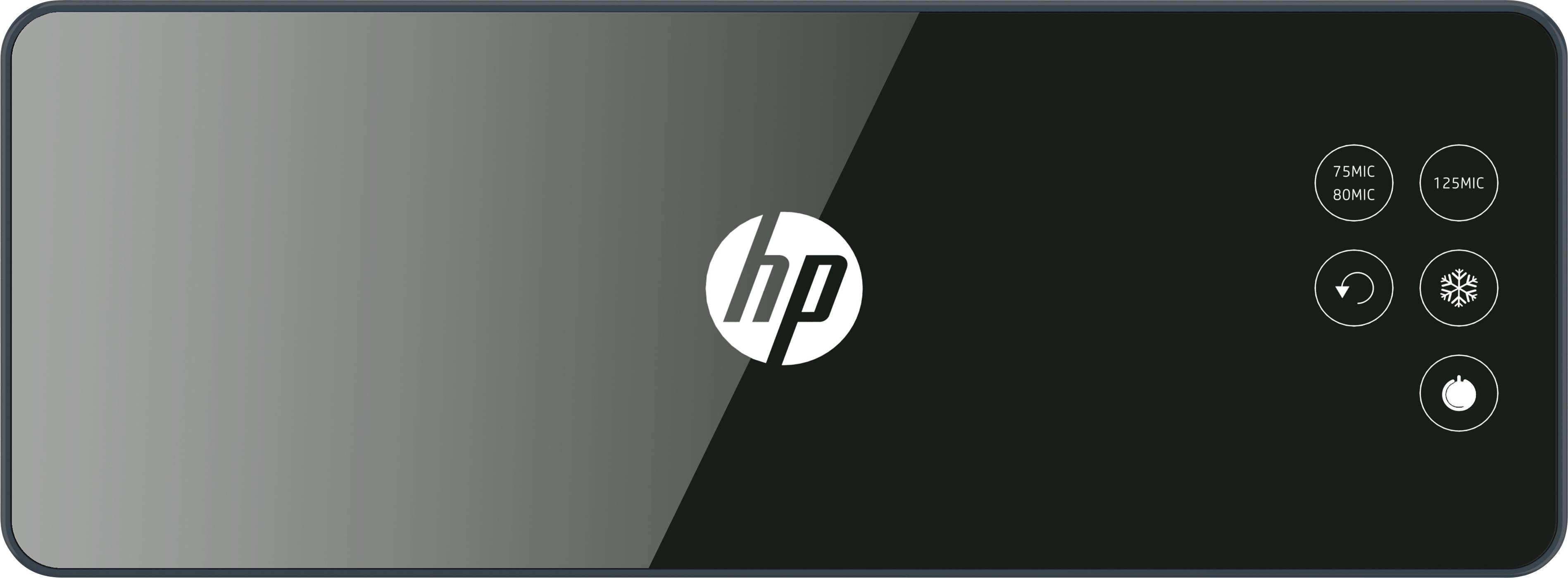 Egy fekete kezelőpanel, amelynek közepén az 'hp' logó látható. Jobbra négy köralakú gomb helyezkedik el, amelyeken funkciók szimbólumai vannak.