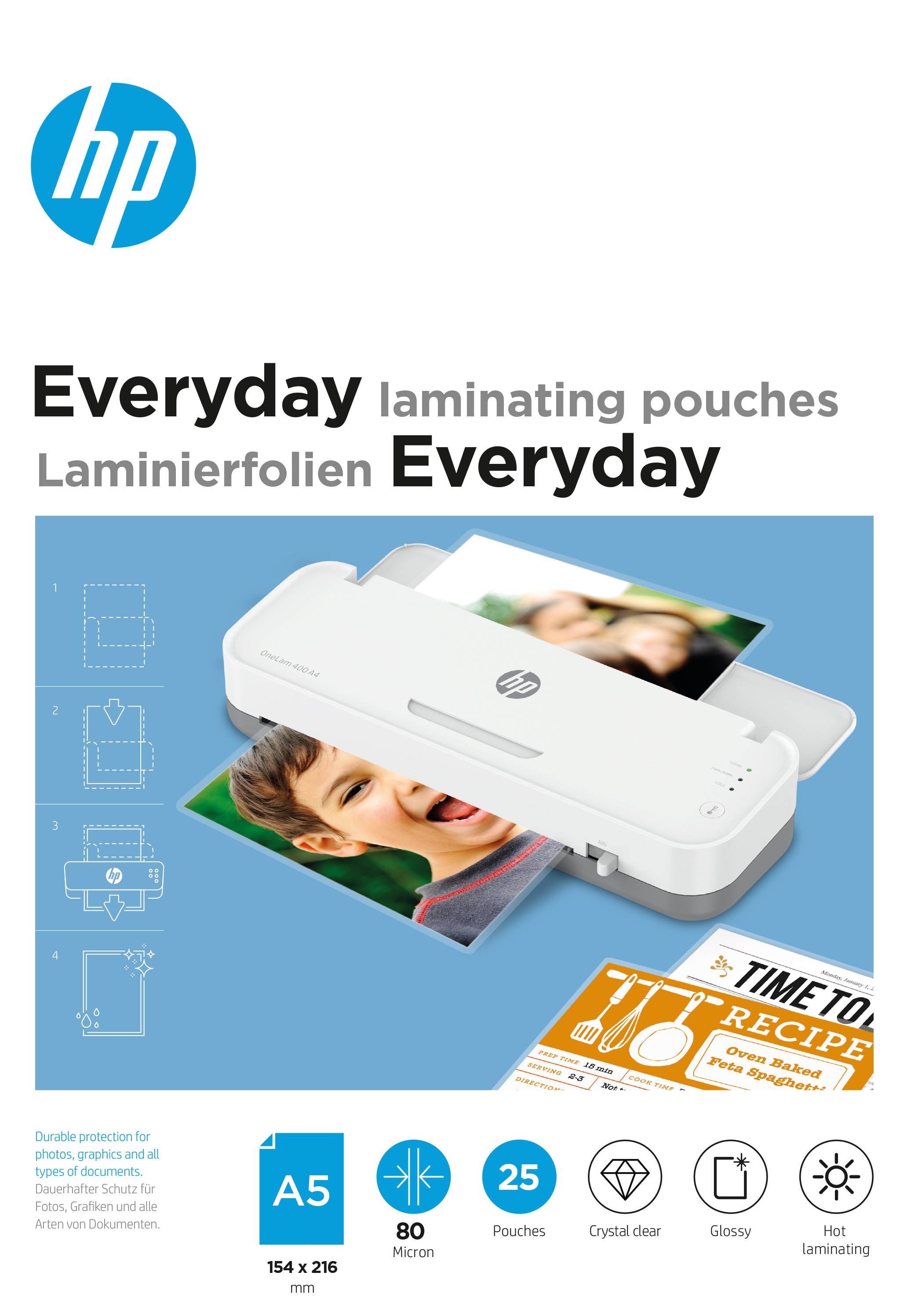 HP laminálófólia 'Everyday' A5 formátumhoz, 80 mikrométer vastagságú, 25 darabos csomag, alkalmas szabványos laminálógépekhez. Tökéletes fotók és receptek laminálásához.
