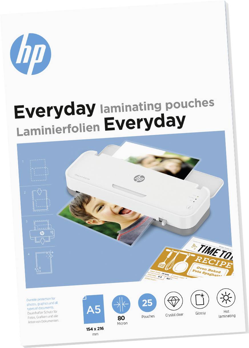 Laminált tasakok mindennapi használatra, A5, 25 darab, 80 mikron. Tartalmaz egy laminálógép képét és laminált fotókat.