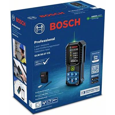 A Bosch GLM 50-27 CG lézeres távolságmérő Bluetooth-szal és robusztus házzal ellátott csomagolása. A funkciók és tartozékok képeken bemutatva.