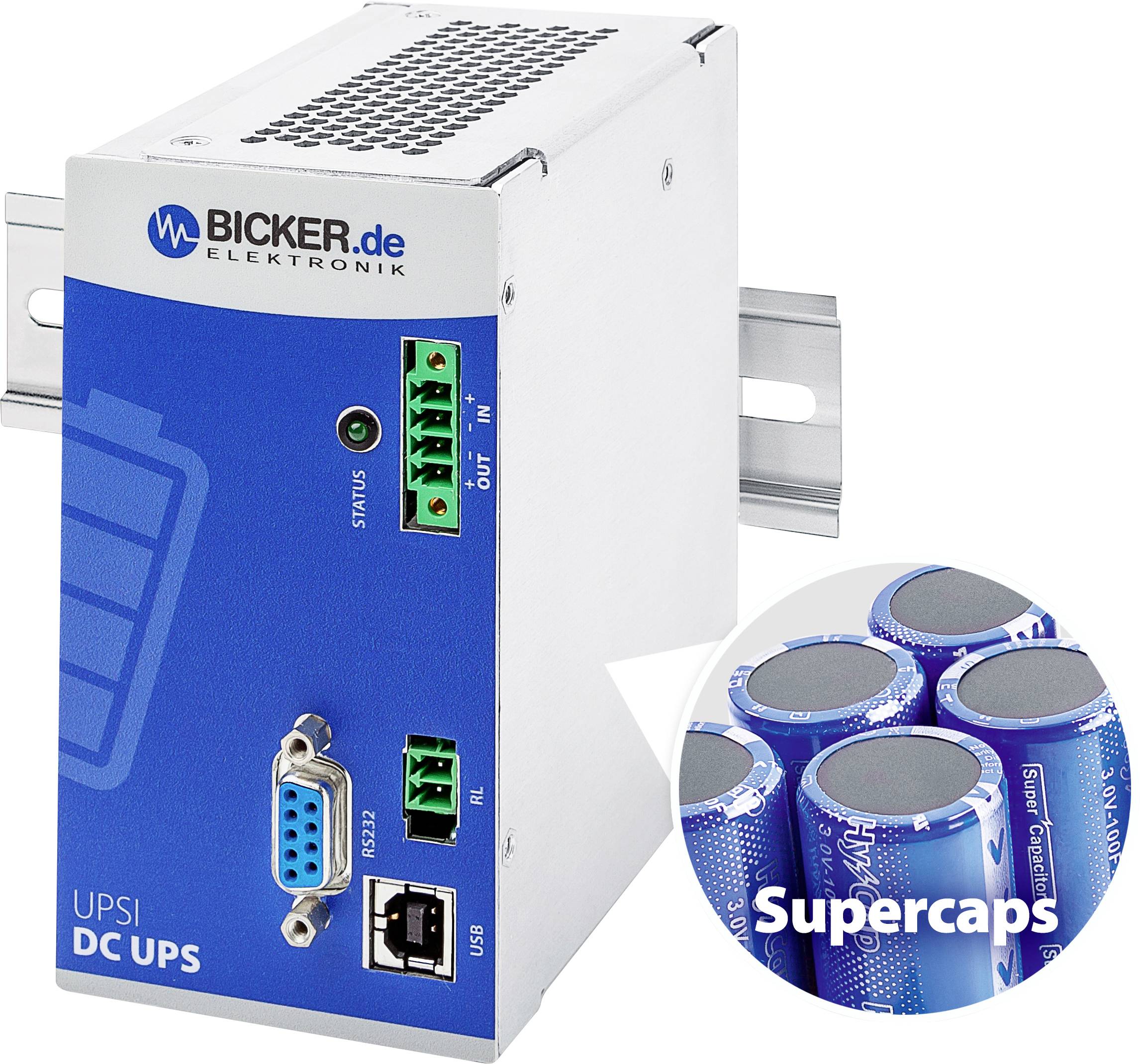 'Bicker Elektronik UPSI DC' sínre szerelhető eszköz, USB- és RS-232 csatlakozókkal. Energia-puffereléshez 'Szuperkondenzátorokat' mutat.