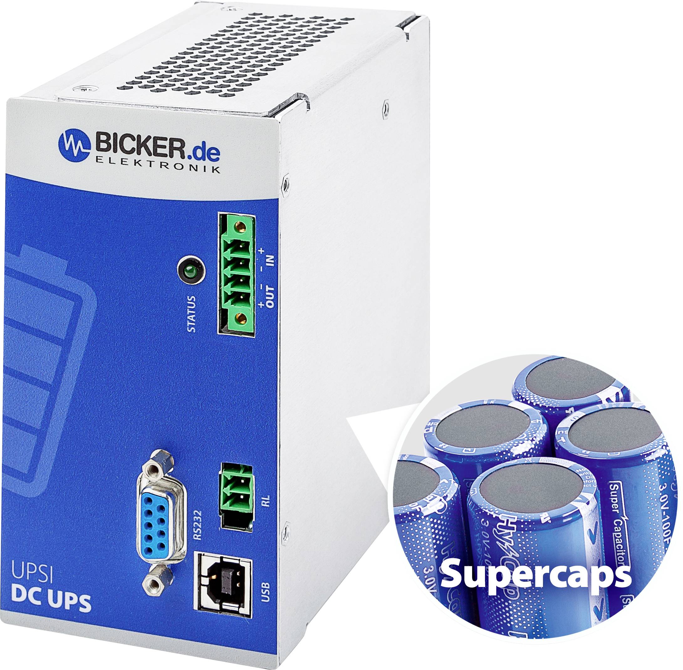 Bicker Elektronik USV-eszköz szuperkondenzátorokkal. USB, RS232 és állapot LED-ek csatlakozóit mutatja, folyamatos áramellátásra alkalmas.