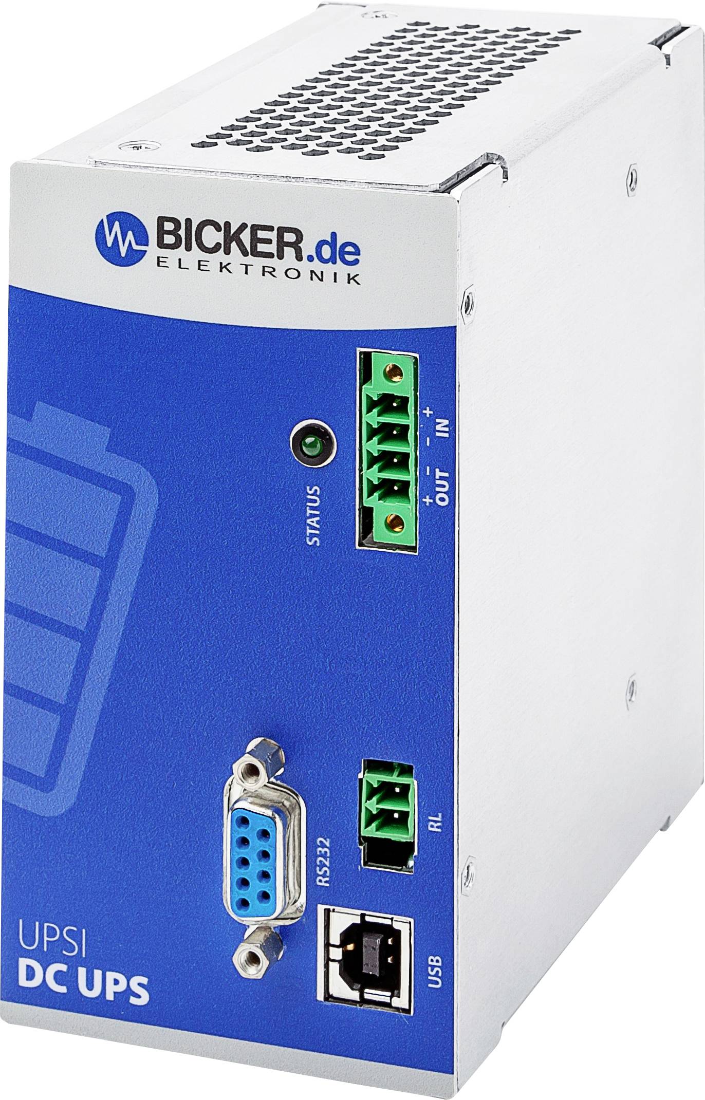 A Bicker Elektronik DC szünetmentes tápegysége RS232, RL és USB csatlakozókkal. Állapotjelző kijelzővel és a 'Bicker.de' márkajelzéssel rendelkezik.