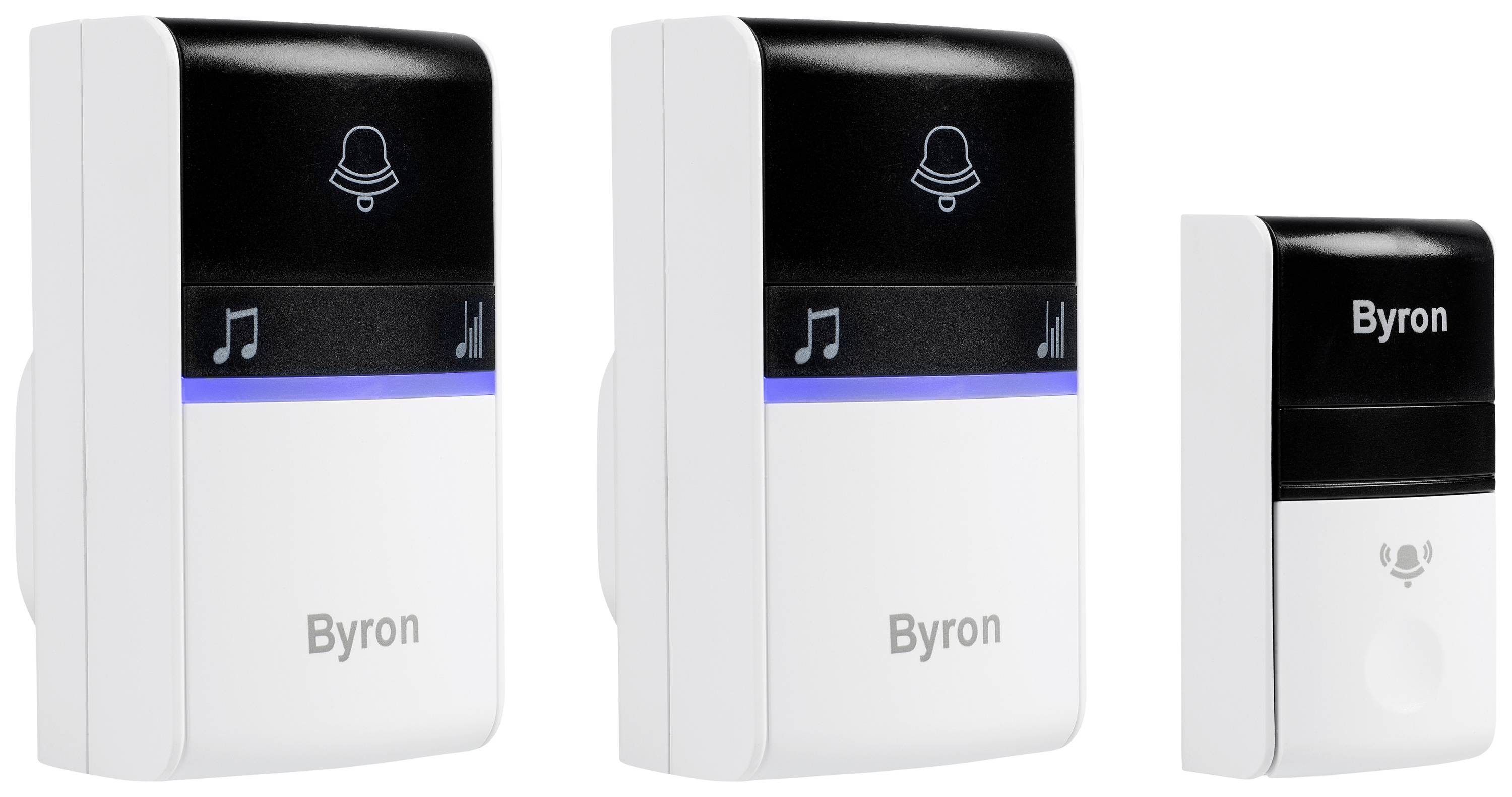 Két vezeték nélküli kaputelefon-vevőkészülék és egy Byron gyártmányú csengőgomb. A vevőkészülékeken hangerő-szabályzó és csengő ikon, a gombon mikrofon szimbólum látható.