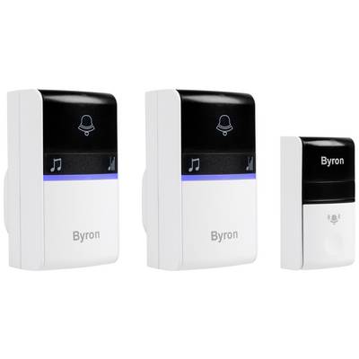 Két vezeték nélküli kaputelefon-vevőkészülék és egy Byron gyártmányú csengőgomb. A vevőkészülékeken hangerő-szabályzó és csengő ikon, a gombon mikrofon szimbólum látható.