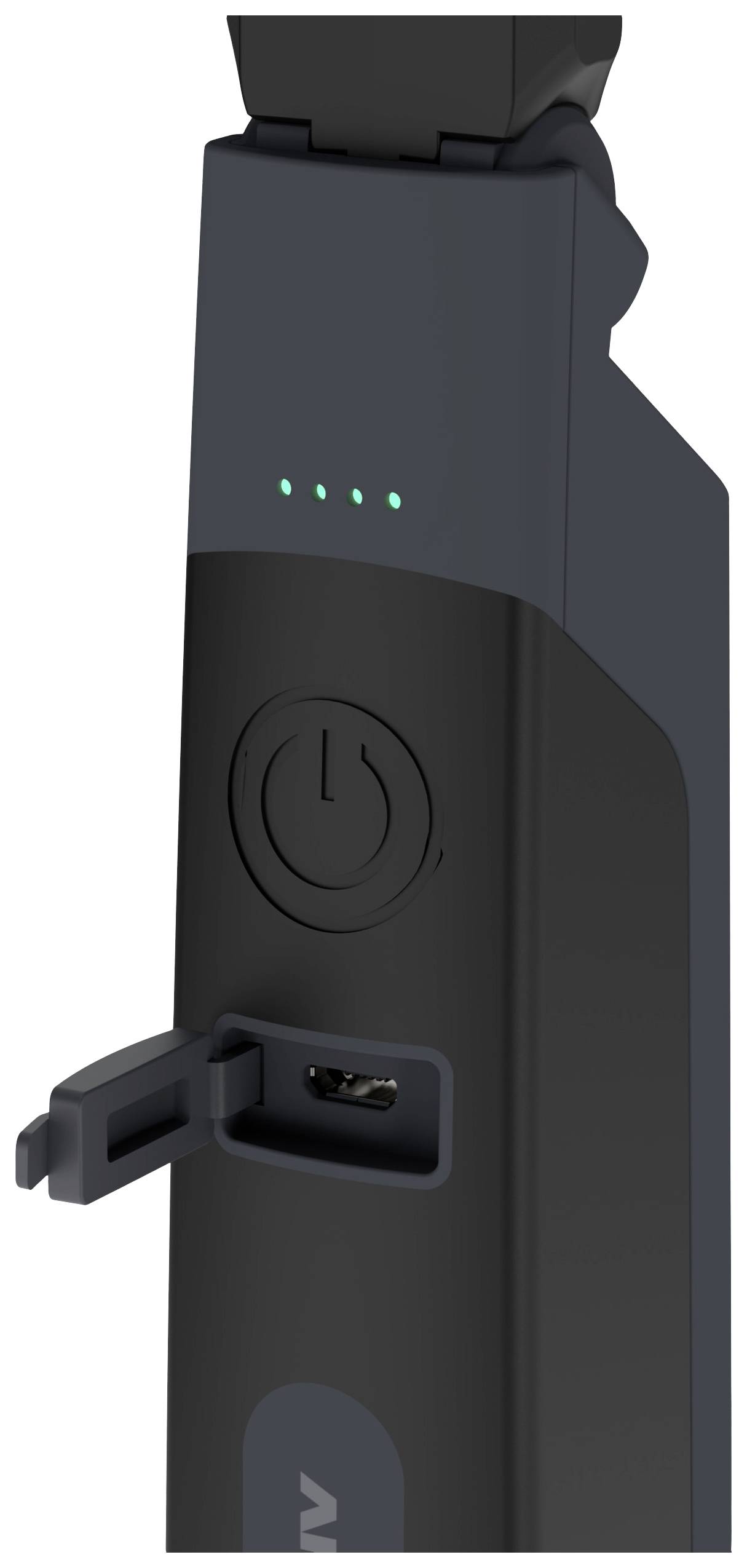 Egy fekete, hordozható projektor világító LED-kijelzőket és egy nyitott USB-csatlakozót mutat az oldalán, amely alkalmas töltésre.