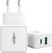 Egy fehér USB-töltő két csatlakozóval: egy USB-A és egy USB-C csatlakozóval. Tökéletes mobil eszközök töltésére.