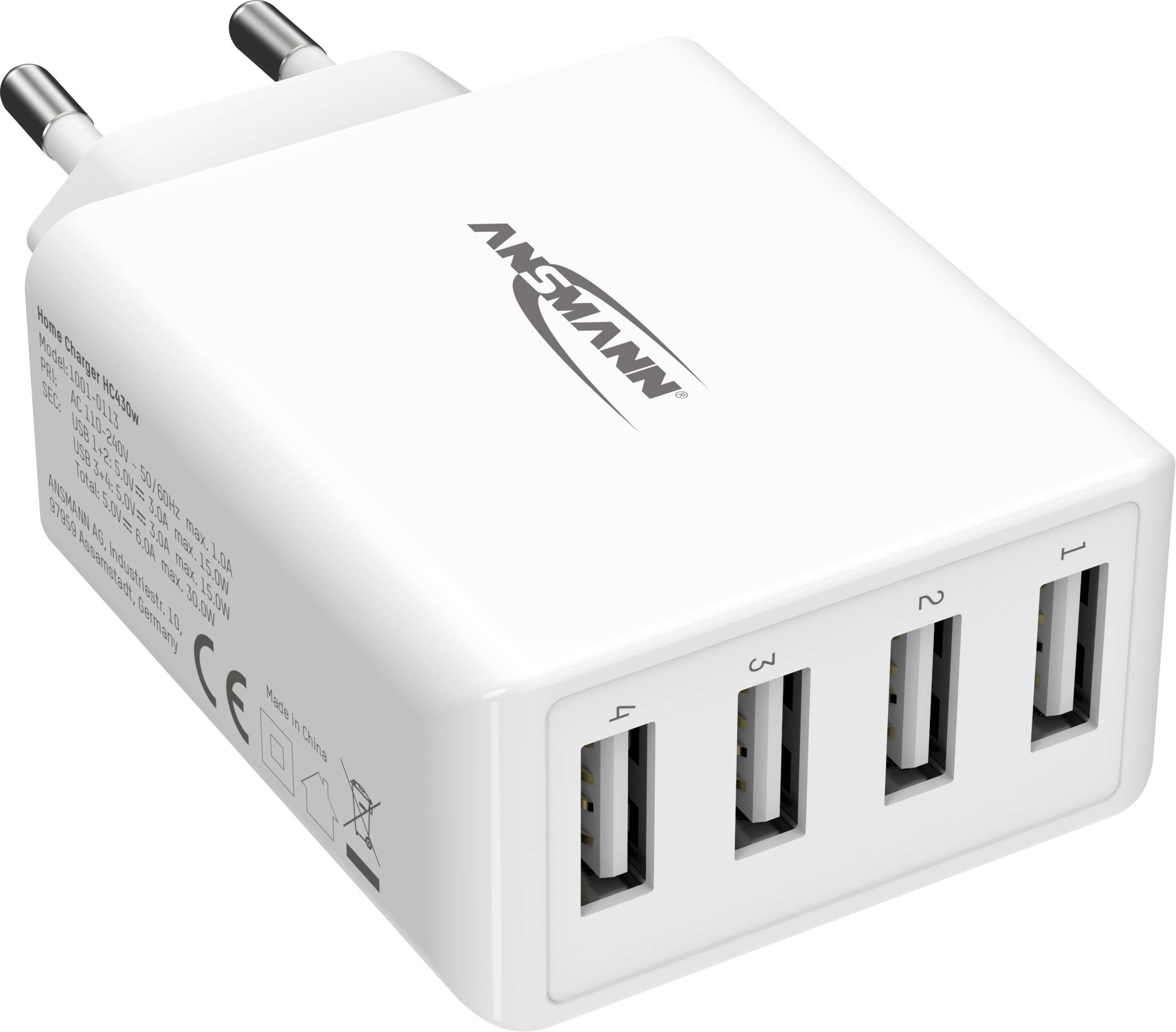 Ansmann HomeCharger HC430 USB-s töltőkészülék 30 W 4 x USB-A Fehér Beltér