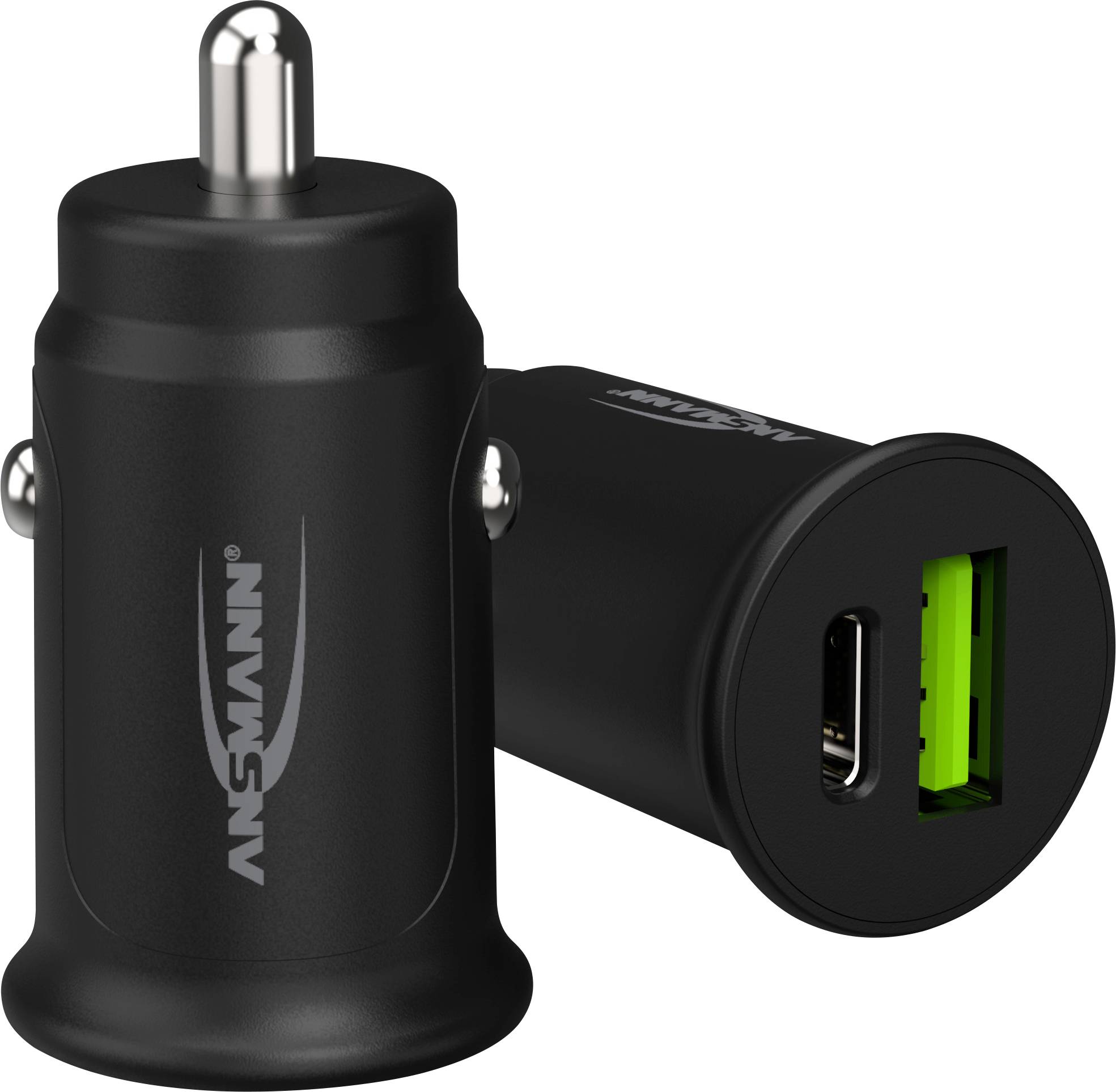 Két fekete Ansmann USB-s autós töltőkészülék, az egyik mutatja az USB-csatlakozót. Tökéletes eszköz a készülékek feltöltésére útközben.