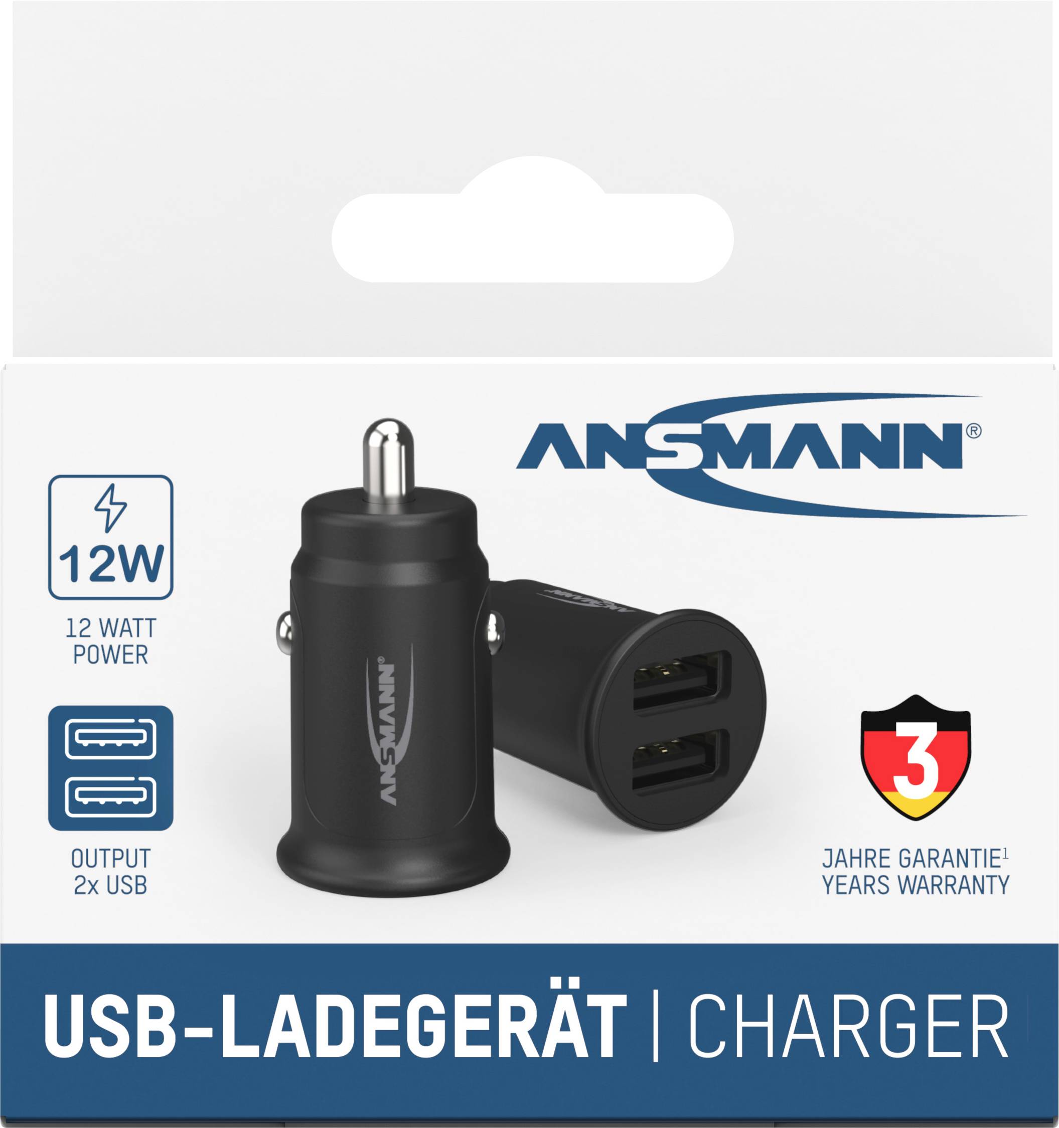 'Ansmann USB-töltő 12W' képekkel ellátva a csomagoláson, két USB-csatlakozóval, autós szivargyújtóba való csatlakoztatásra alkalmas, 3 év garanciával.