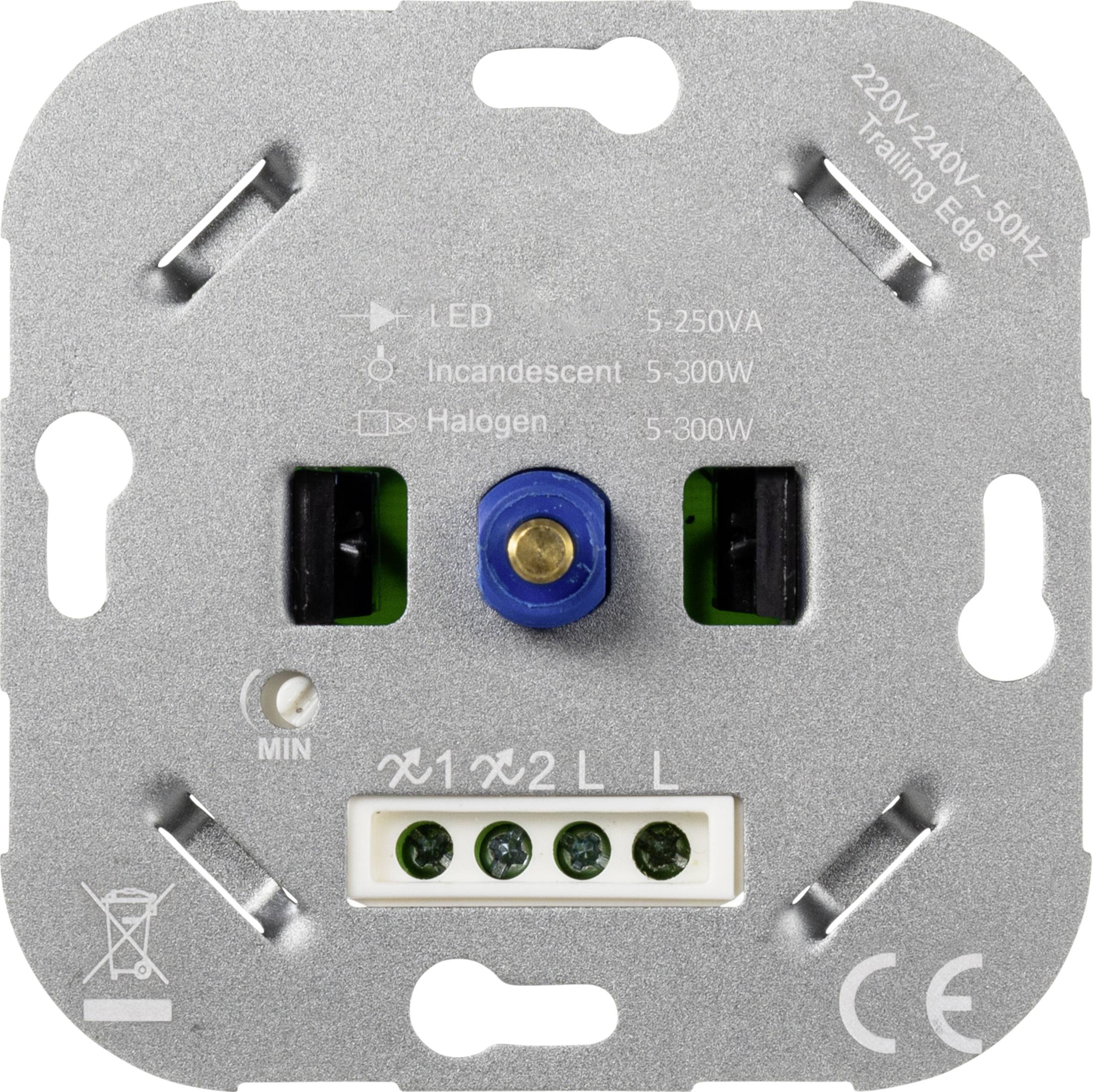 Elektromos fényerőszabályzó LED-lámpákhoz, izzókhoz, halogénlámpákhoz. Bemeneti teljesítmény: 220-240V, 50Hz. Beállítókerék és csatlakozók láthatók.