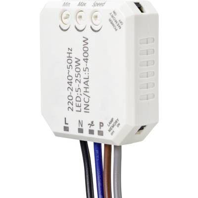 Fehér elektromos dimmer kapcsoló feszültség, LED és INC/HAL kompatibilitási jelölésekkel. Több csatlakozó vezetékkel látható.