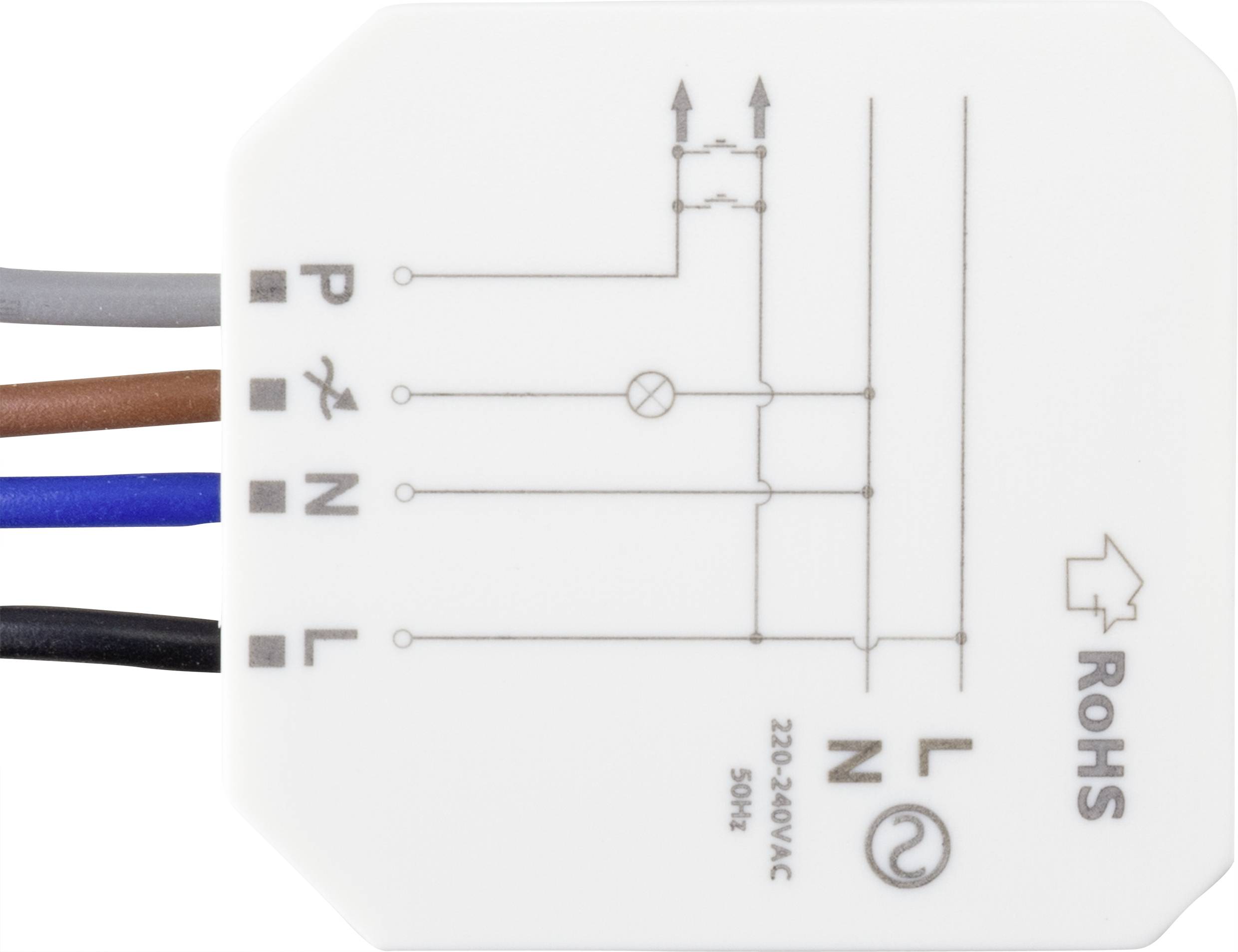 Egy elektromos modul kapcsolási rajza csatlakozókábelekkel szürke, barna, kék és fekete színben. 'ROHS' felirat, P, L, N jelölések.