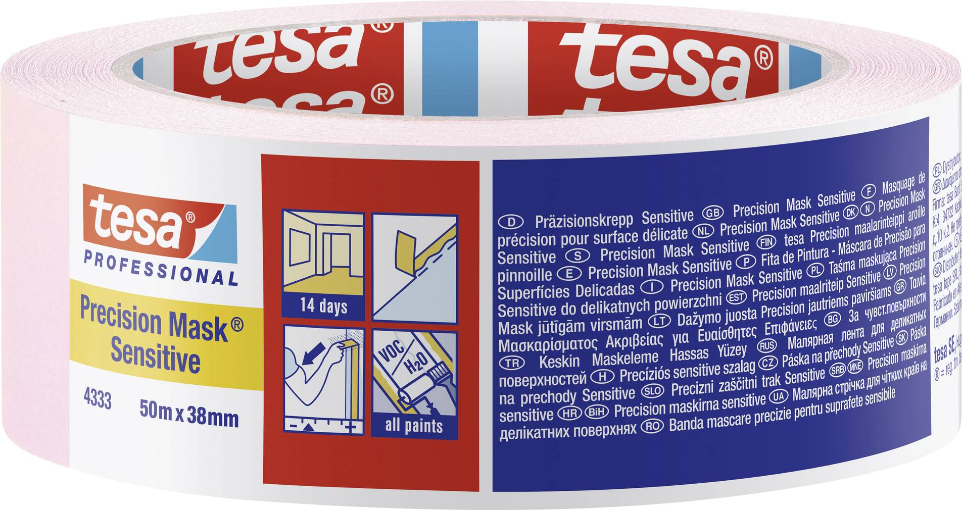 A tesa márka sárga, precíziós maszkoló szalag érzékeny felületek számára, 50m hosszú és 38mm széles.