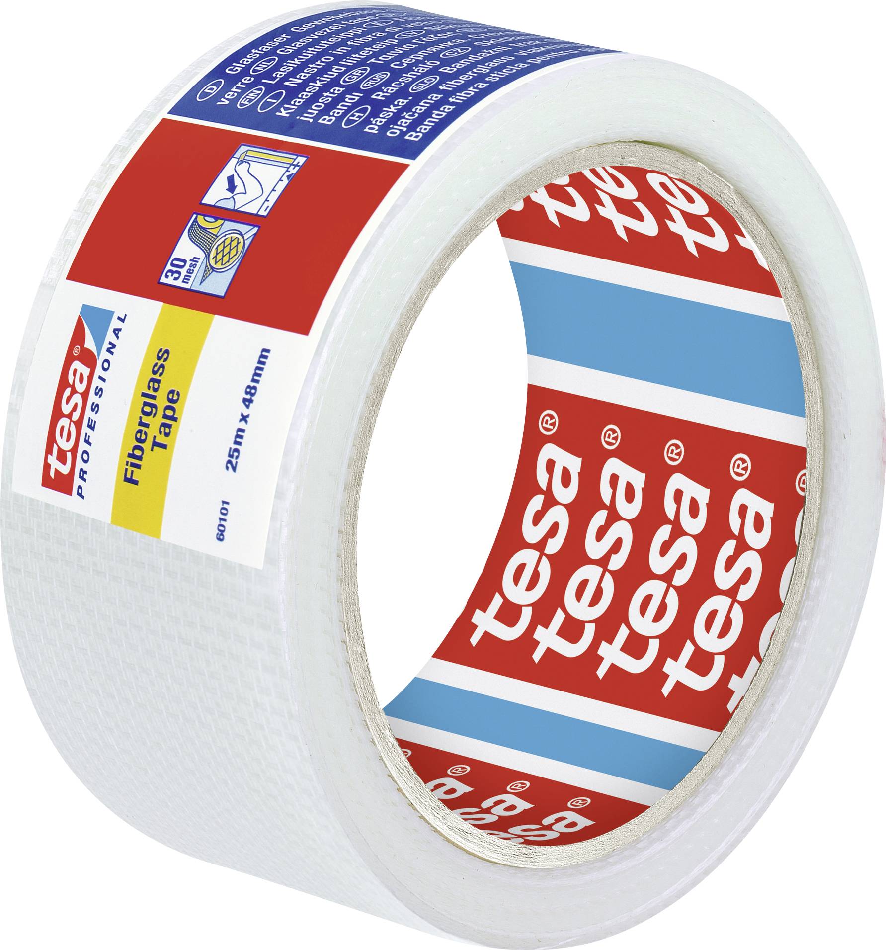 Egy 25m x 48mm-es Tesa márkajelzésű üvegszálas szalag, piros-fehér címkével. Alkalmas építési és felújítási munkálatokhoz.