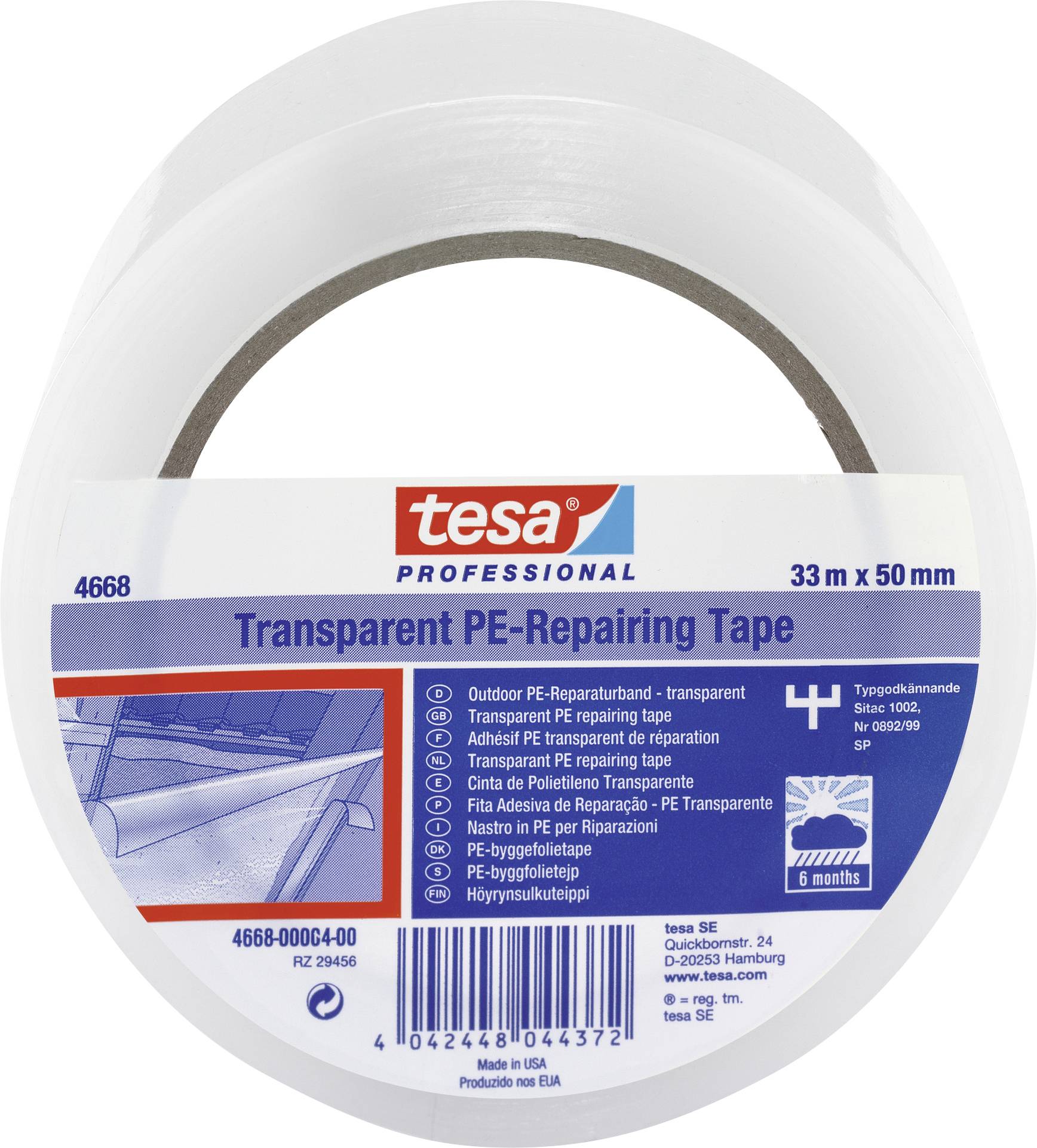 Tesa átlátszó javítószalag tekercs, 33 m x 50 mm. A csomagolás PE-felületek javítási példáit mutatja.