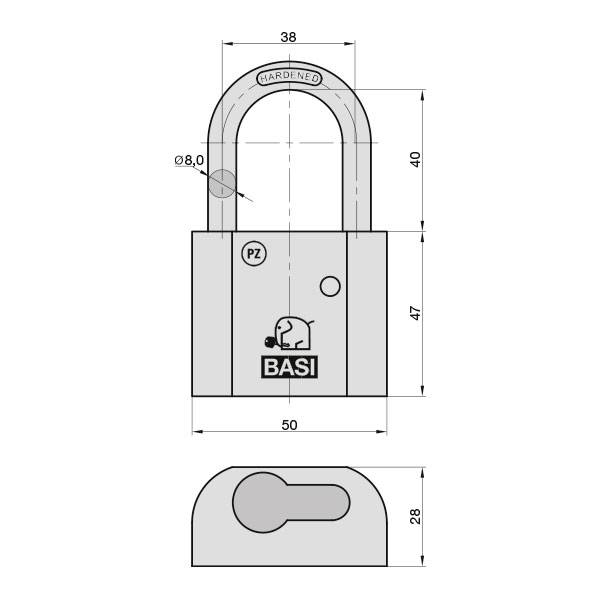 Egy lakat a következő méretekkel: szélesség 38 mm, magasság 40 mm, teljes hossz 47 mm. Márka: 'BASI'. Kulcsmechanizmus PZ, edzett kengyel.