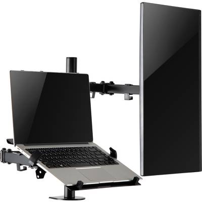 Egy laptop és egy lapos képernyős monitor egy állítható tartókaron egymás mellett rögzítve van.