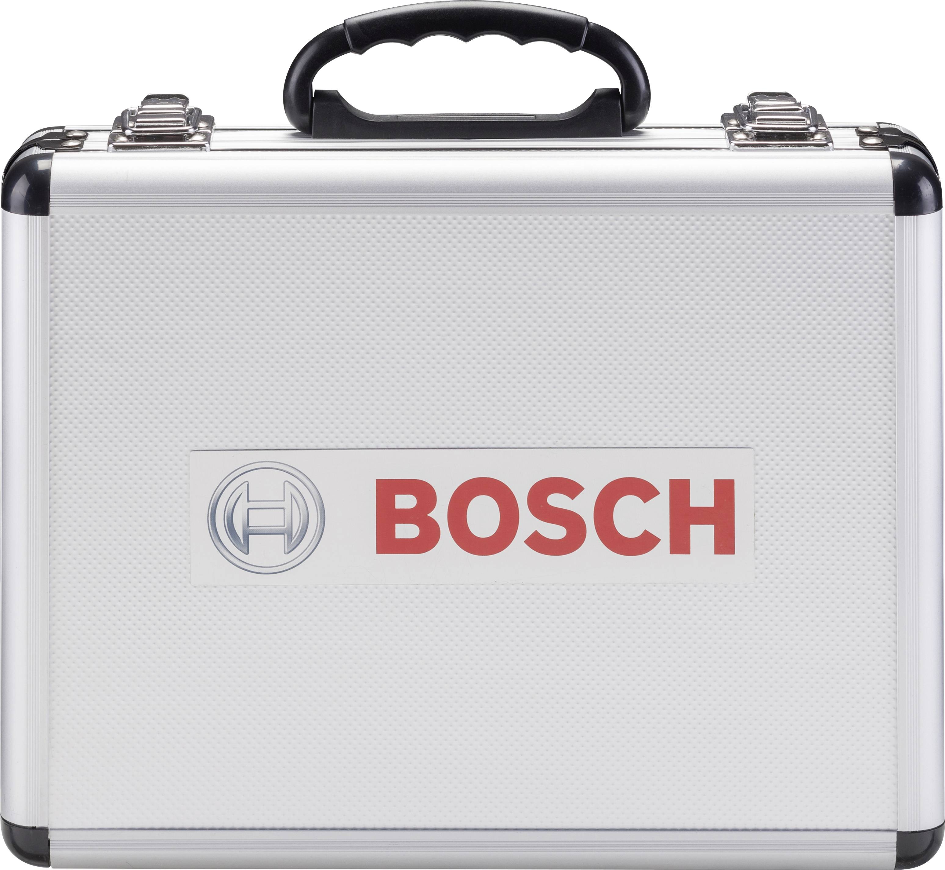 Egy ezüstszürke szerszámosláda fekete sarokdíszítéssel és fogantyúval, amelynek az első oldalán a 'BOSCH' logó látható.